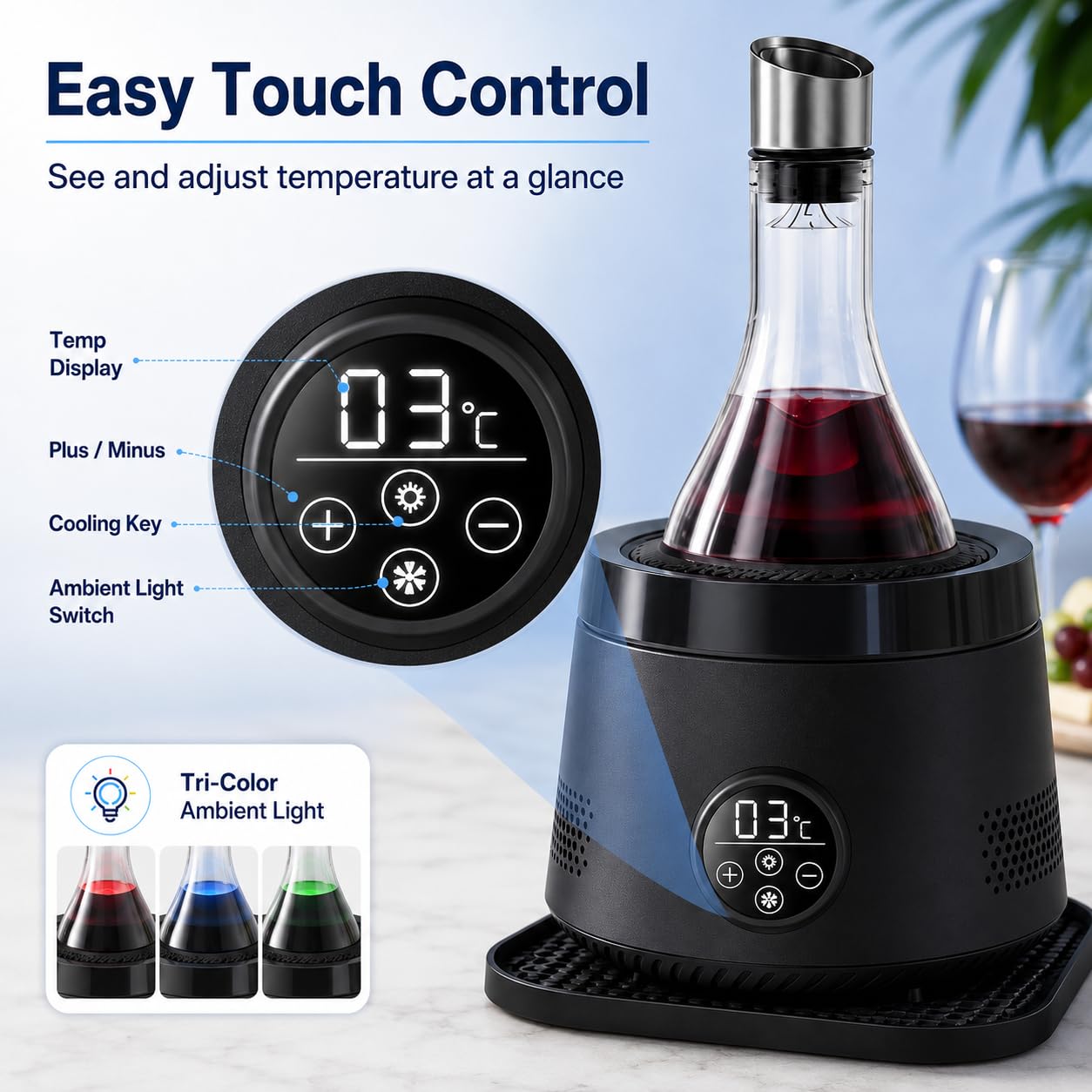 Enfriador eléctrico con aireador para Bar doméstico Black | Aireación rápida, enfriamiento ajustable, diseño elegante de encimera, vertido fluido, disfrute diario del vino