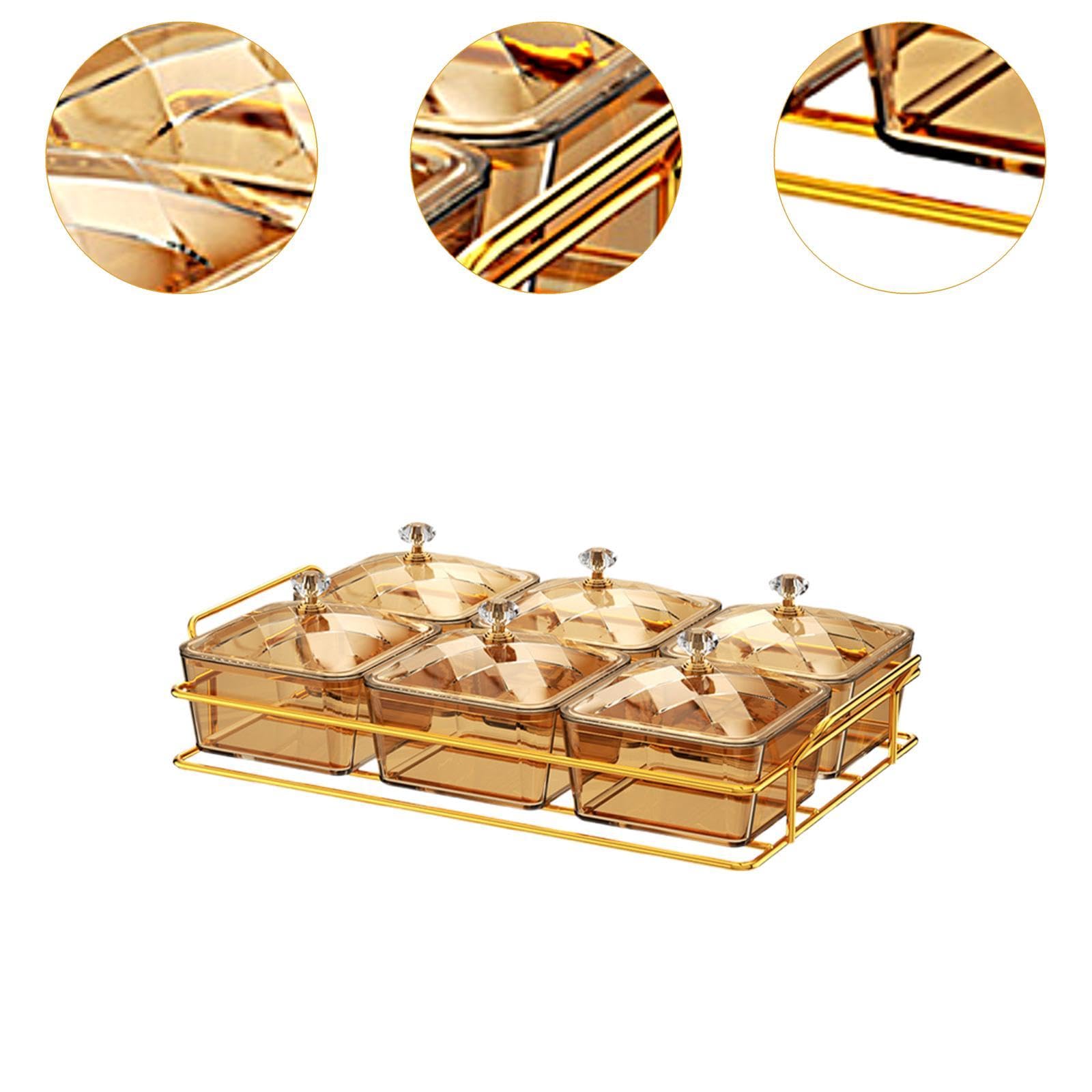 Fenteer Bandeja de Secos con Tapa, Plato para Servir Aperitivos, Cuencos para Almacenar Alimentos, Plato Dividido para Aperitivos para Fiestas de Cumpl, Oro con 6 Rejillas, Individual