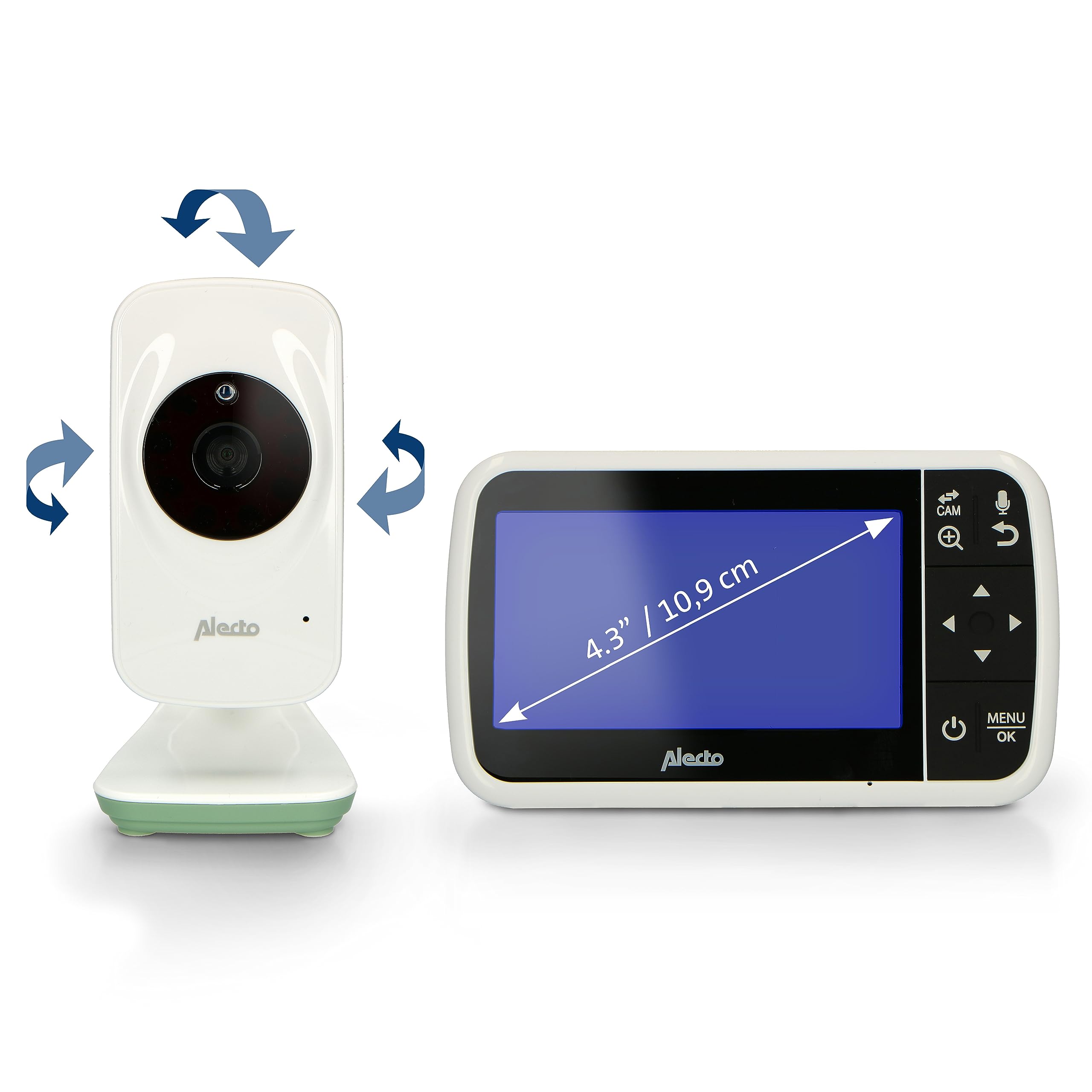 Alecto DVM149GN - Vigilabebés con cámara y Pantalla a Color de 4,3" - Vigilabebés con cámara de vídeo orientable, visión Nocturna, intercomunicación, Alcance de Altura - Blanco/Verde
