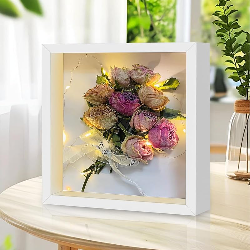 GOMETY 3D Képkeret 20x20 cm LED Világítással Fehér Négyzet Objektumkeret