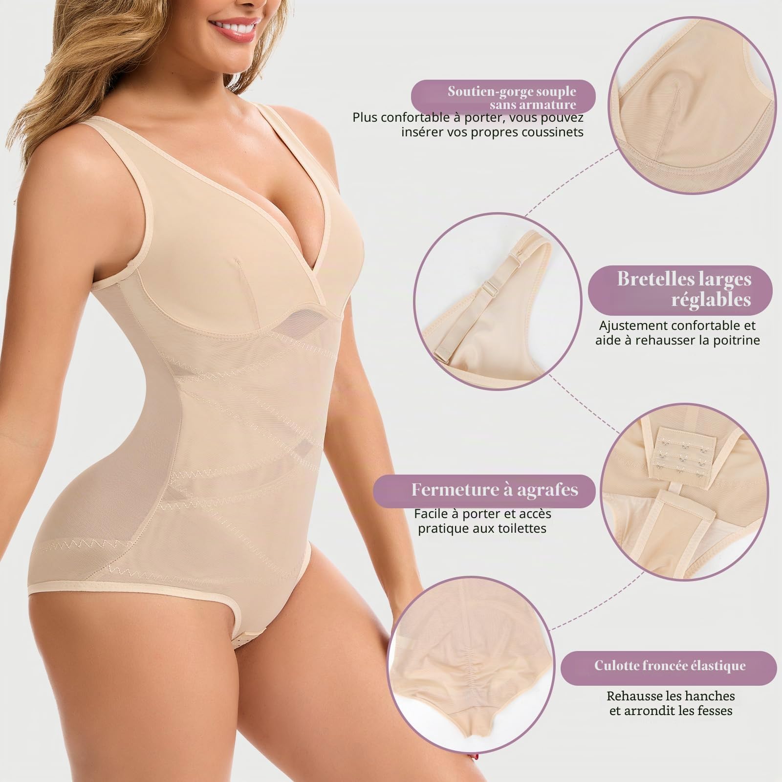 SHAPERIN Body Sculptant Femme Gainant Amincissante Ventre Plat Body Dos Nu Col en V Tank Top Bodysuit