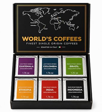 UNIQBITE World Coffees Gift Set, Six Single Origin Ground Coffee Variety Pack, Coffee Sampler from Around the World, Light, Medium & Dark Roasts, Roasted in Italy, 10.58 oz (300g)