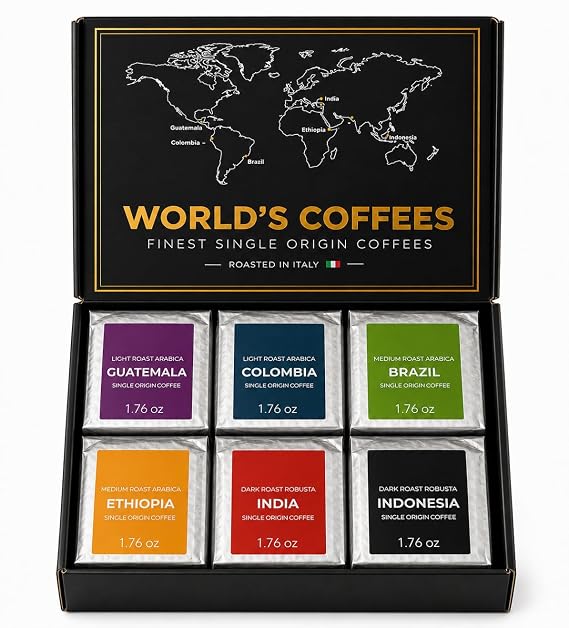UNIQBITE World Coffees Gift Set, Six Single Origin Ground Coffee Variety Pack, Coffee Sampler from Around the World, Light, Medium & Dark Roasts, Roasted in Italy, 10.58 oz (300g)
