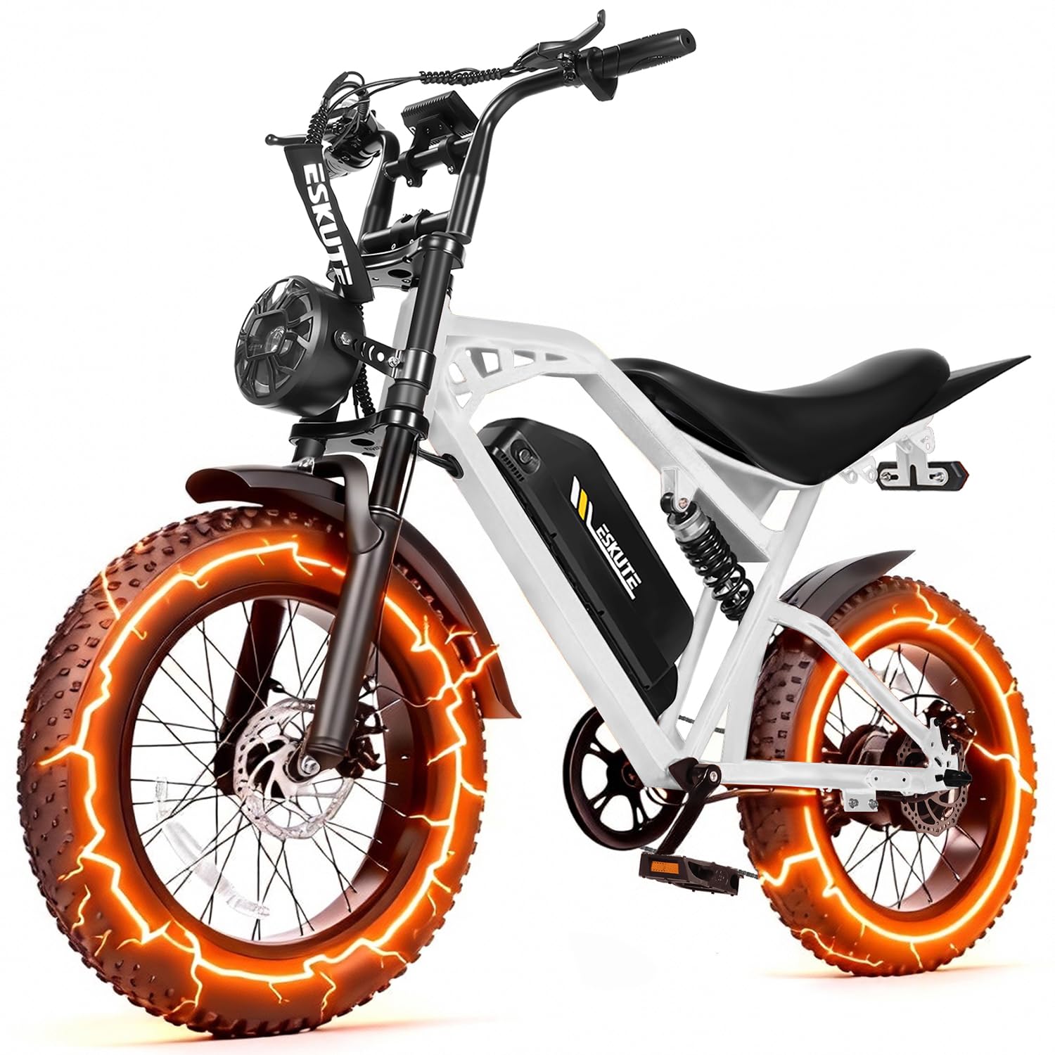Elecby Electric Dirt Bike Adults, 1300W Peak 52V20.8Ah ebike, 20+MPH 20" x4.0 Fat Tire, Streamlined E-Motorcycle with 7 Speeds for Youths, V200，White Standard