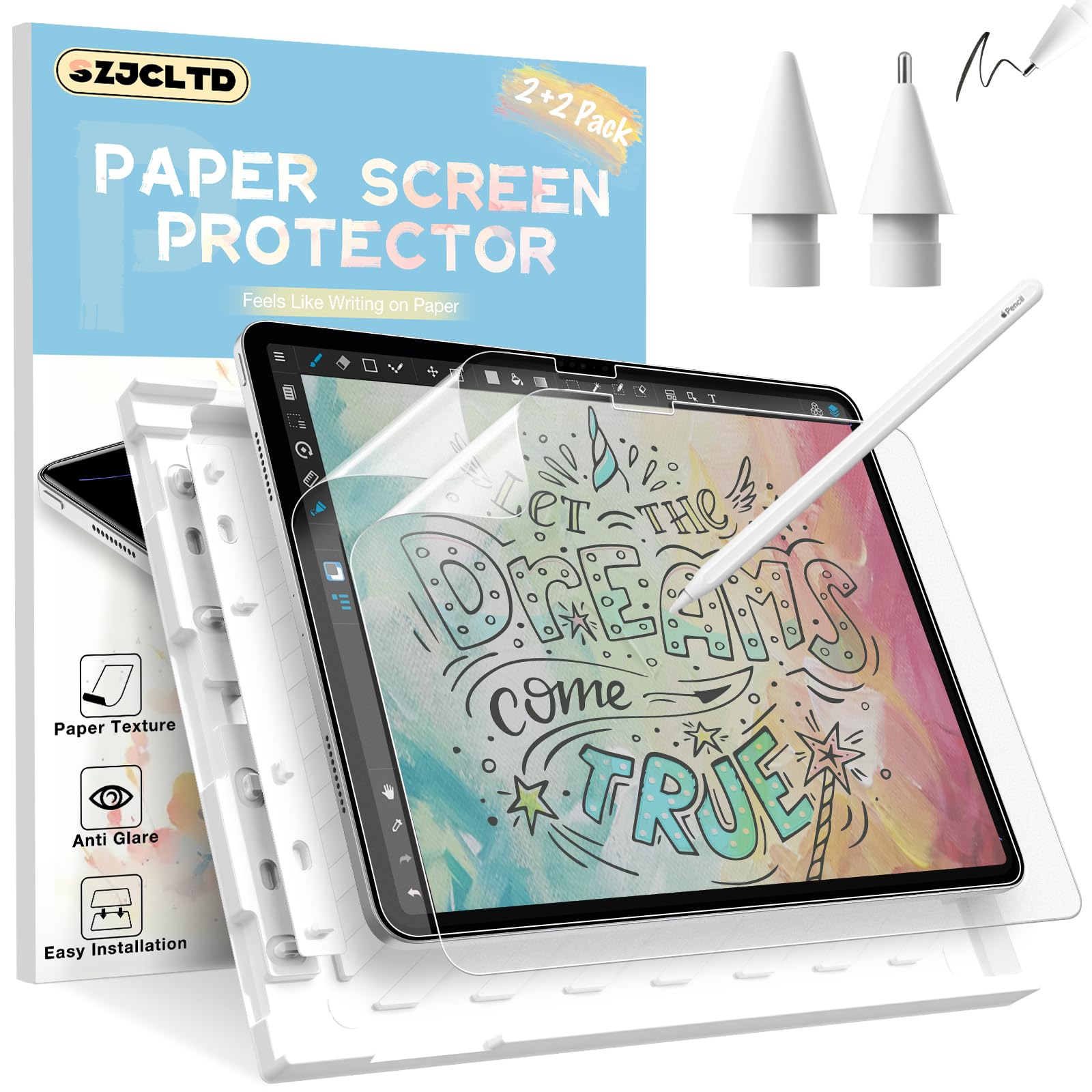 SZJCLTD [2 PACK] Screen Protector for iPad Pro 13 inch 2024 + Replacement Tips for Apple Pencil, Anti-Glare Matte Paper Textured PET Film for Drawing, Writing Like on Paper, Easy Application Tray