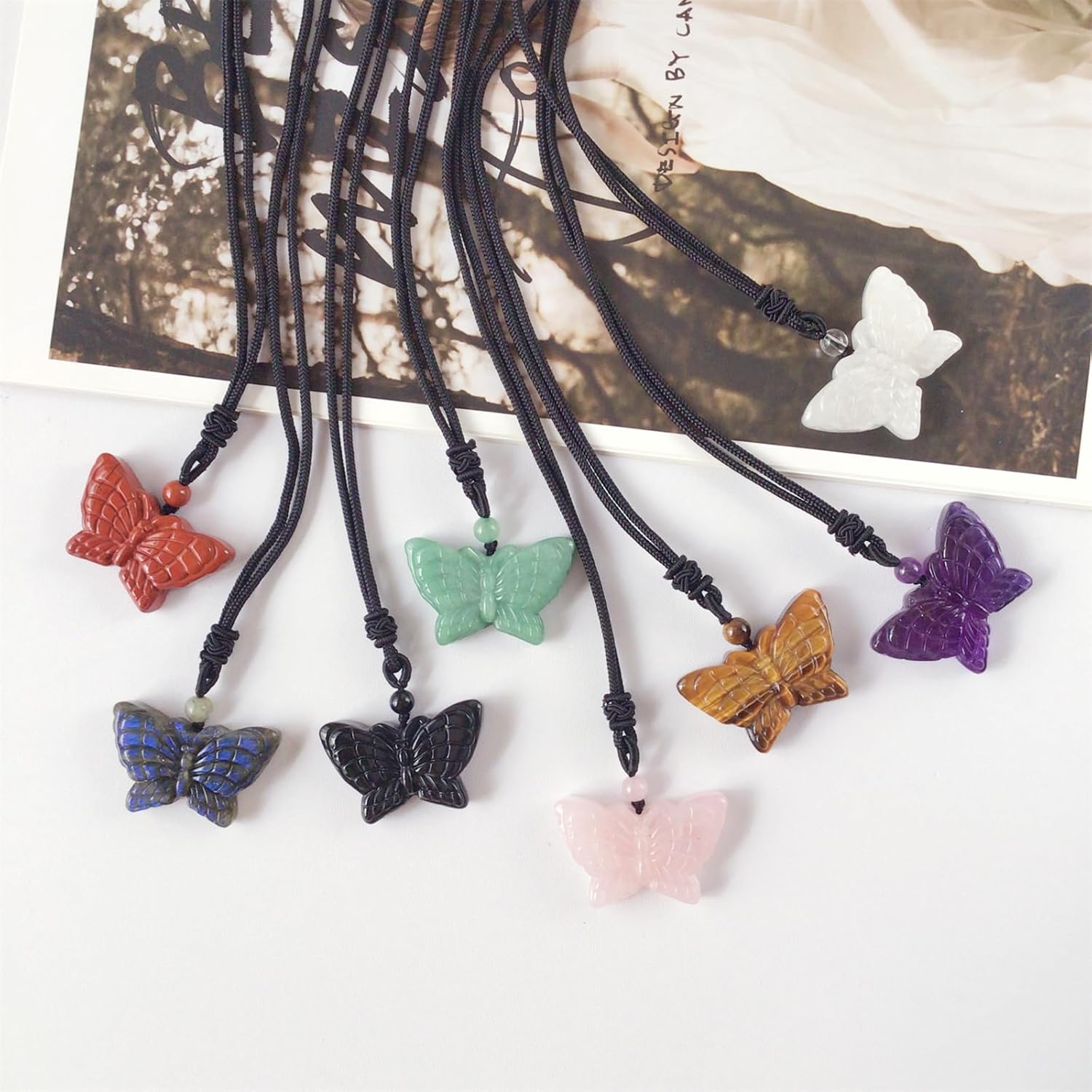 EDEN'S CALL Natural Crystal Stone Pendant Necklace Adjustable Black Cord Carved Quartz Butterfly Necklace - Image 4