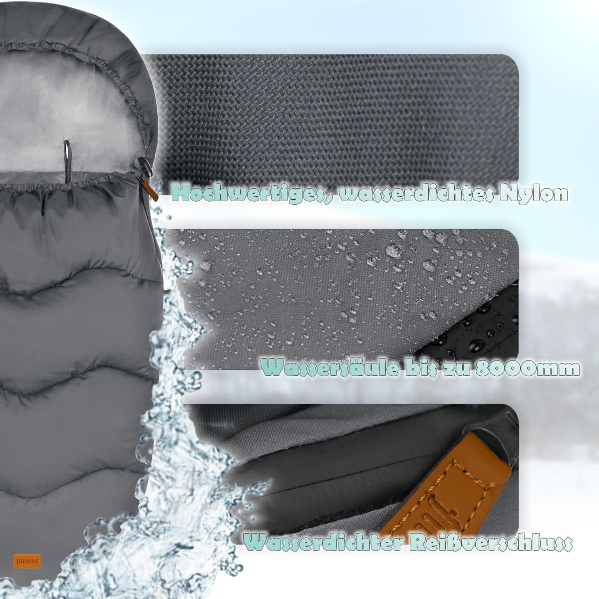 Fillikid Winterfußsack mit Microvelour Wassersäule 8000mm universal Fußsack für Kinderwagen Buggy Jogger Kinderwagenfußsack 6 bis 36 Monate (Grau)