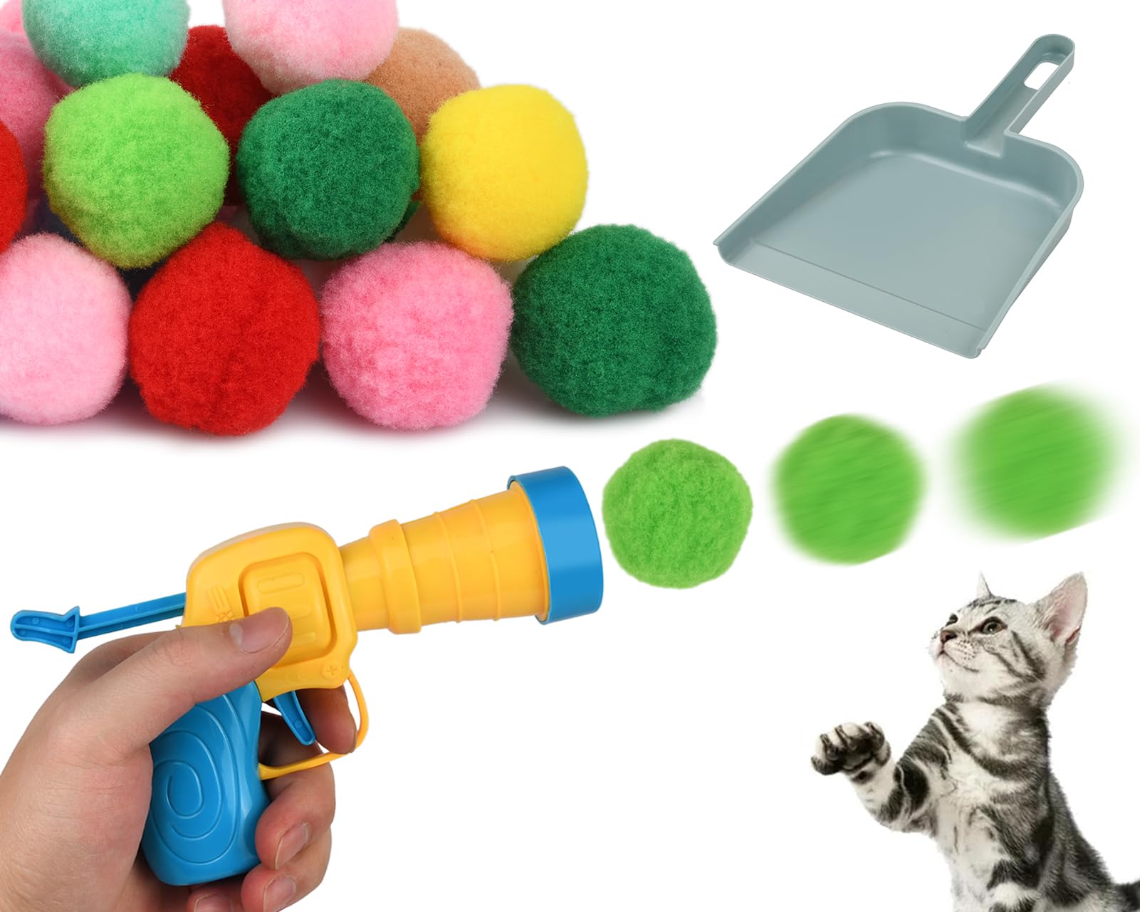 ds. distinctive style Cat Balls Toy Gun, Launchers Set including 50 Pom Pom Balls With Shovel & 2 Ball Shooters