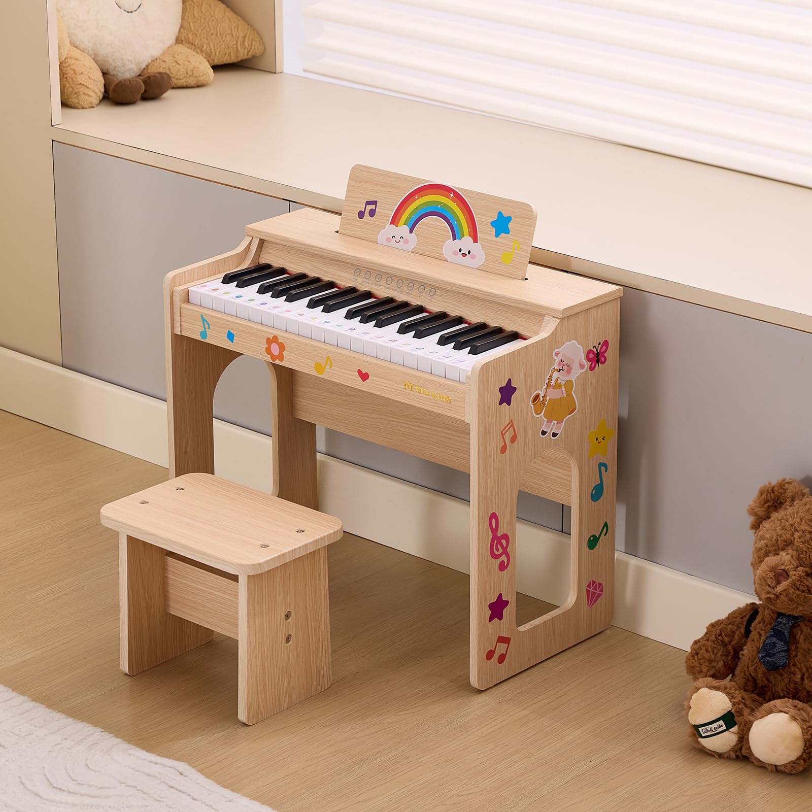 MUSTAR Kinder Klavier, 37 Tasten Digital Piano für Kinder, mit Piano Bank, Liederbuch, Aufkleber und Schutzhülle, Holz Klavier für Kleinkinder Mädchen Jungen, Oak