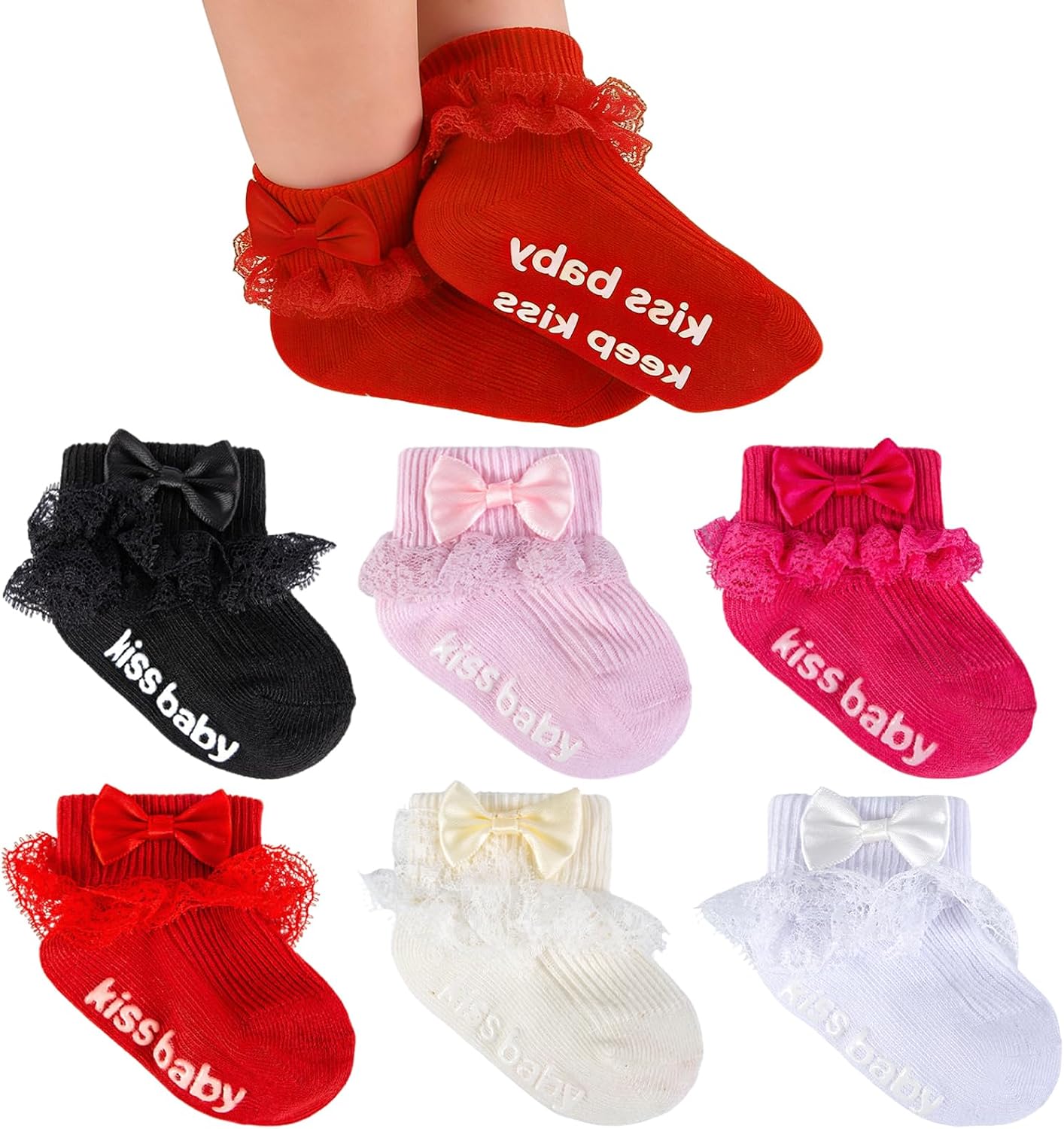 Baby Girl Ruffle Socks with Bow Grips Turn Cuff Ankle Lace Frilly Dress Socks for Newborn/Infant/Toddler/Little Kids