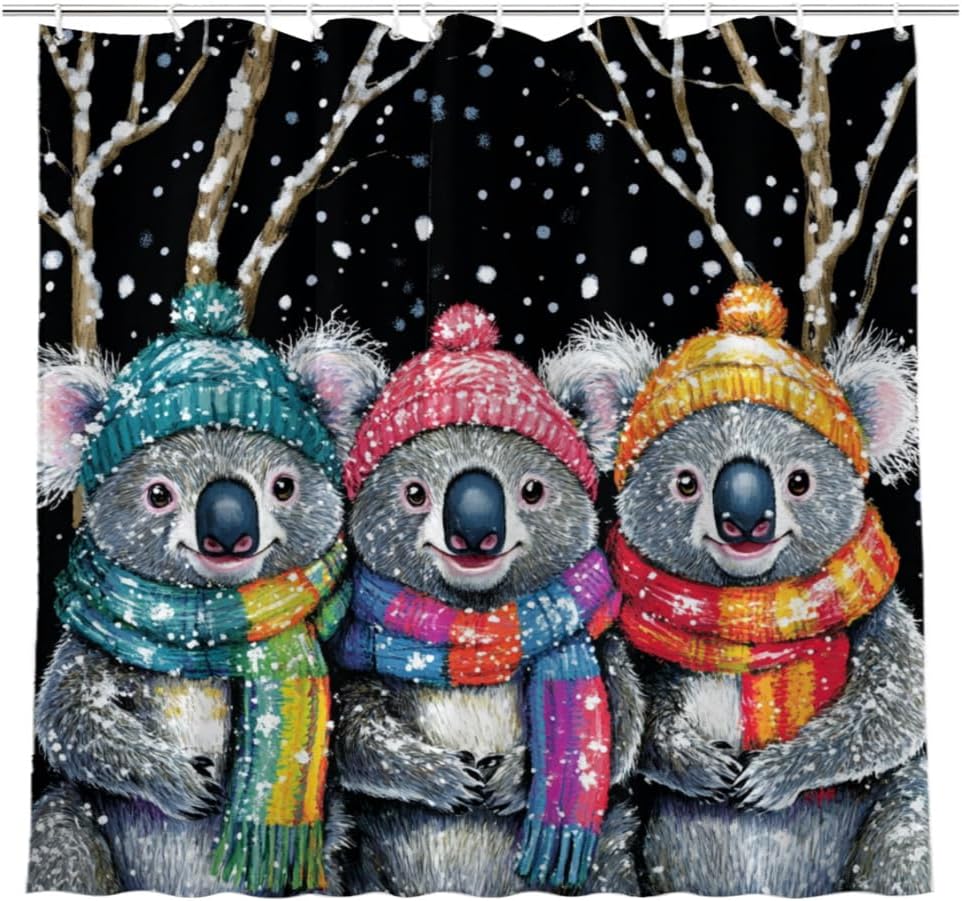 NGZ Winter 72x72 Inches Shower Curtain Christmas Shower Curtain, Cute Black Bear Shower Curtains for Bathroom, Snow Fabric Bath Curtains Set with 12 Hooks