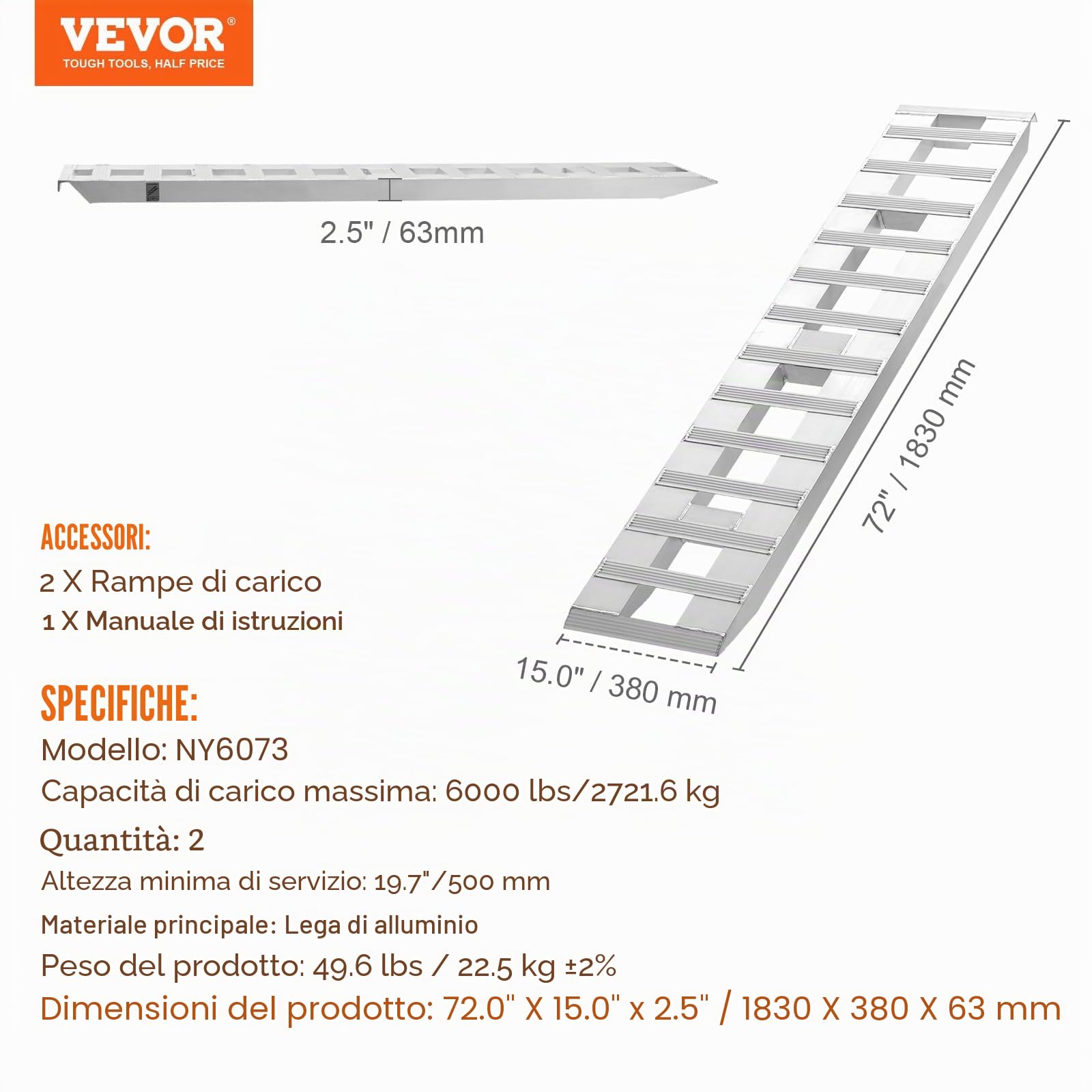VEVOR Rampa Carico in Alluminio 2 Pezzi 183x38 cm, Rampa Portatile,di Accesso con Capacità Carico 2721,6 kg per Moto, Fuoristrada, Rimorchio, ATV, UTV, Trattore, Tosaerba, Rampa per Trasporto