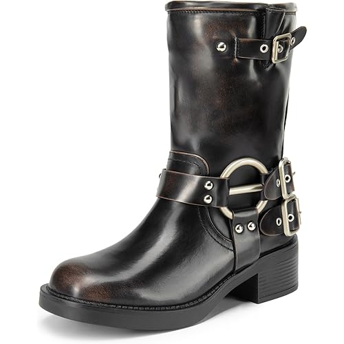 DREAM PAIRS Mid Calf Boots for Women, Square Toe Motorcycle Boots with Buckles, Women's Biker Boots with Low Chunky Heel