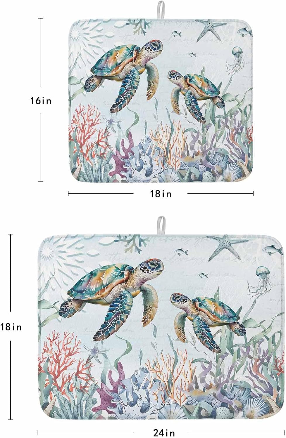 Sea Turtle Dish Drying Mat for Kitchen Counter, Summer Beach Coral Ocean Nautical Coastal Vintage Microfiber Baby Bottle Drying Pad, Absorbent Coffee Cup Dishes Drainer Mats 18"x24", 2 Pcs