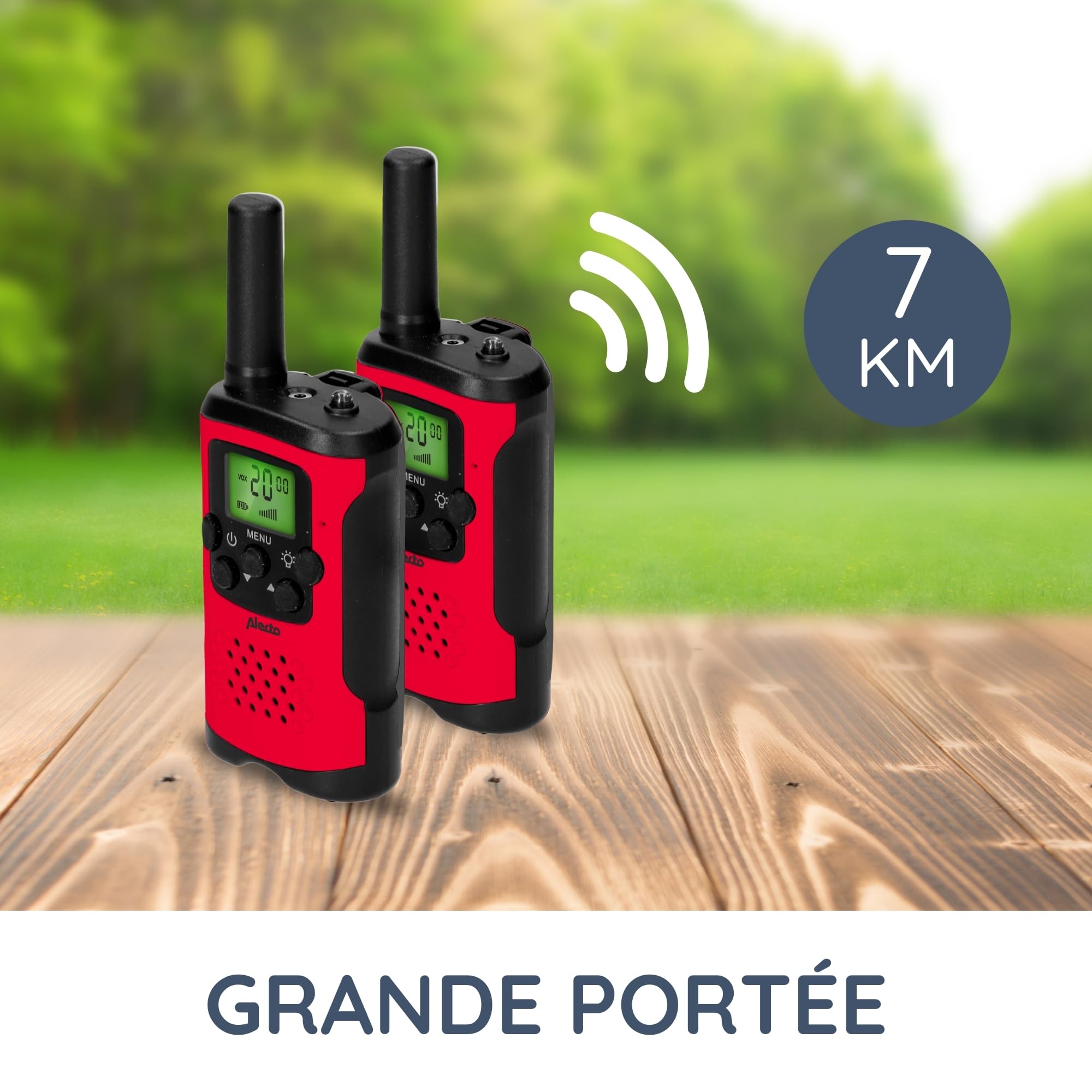 Alecto FR-115RD - Lot de Deux talkies Walkies pour Enfants - Talki Walki avec portée jusqu'à 7 kilomètres - Walky Talky 8 canaux - Lampe de Poche intégrée - Écran éclairé - Rouge