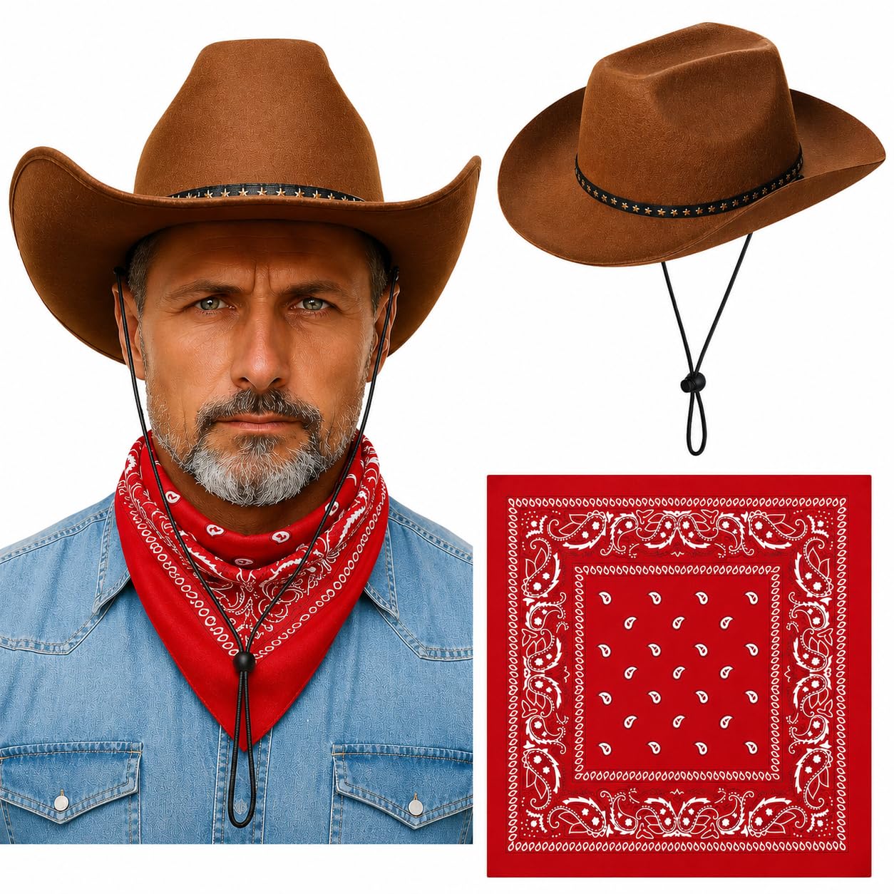Ycfish 2 Pcs Cowboy Hats, Cowboy Hat and Paisley Bandana, Studded Cowboy Hats for Western Cowboy Fancy Dress Costume Halloween Party