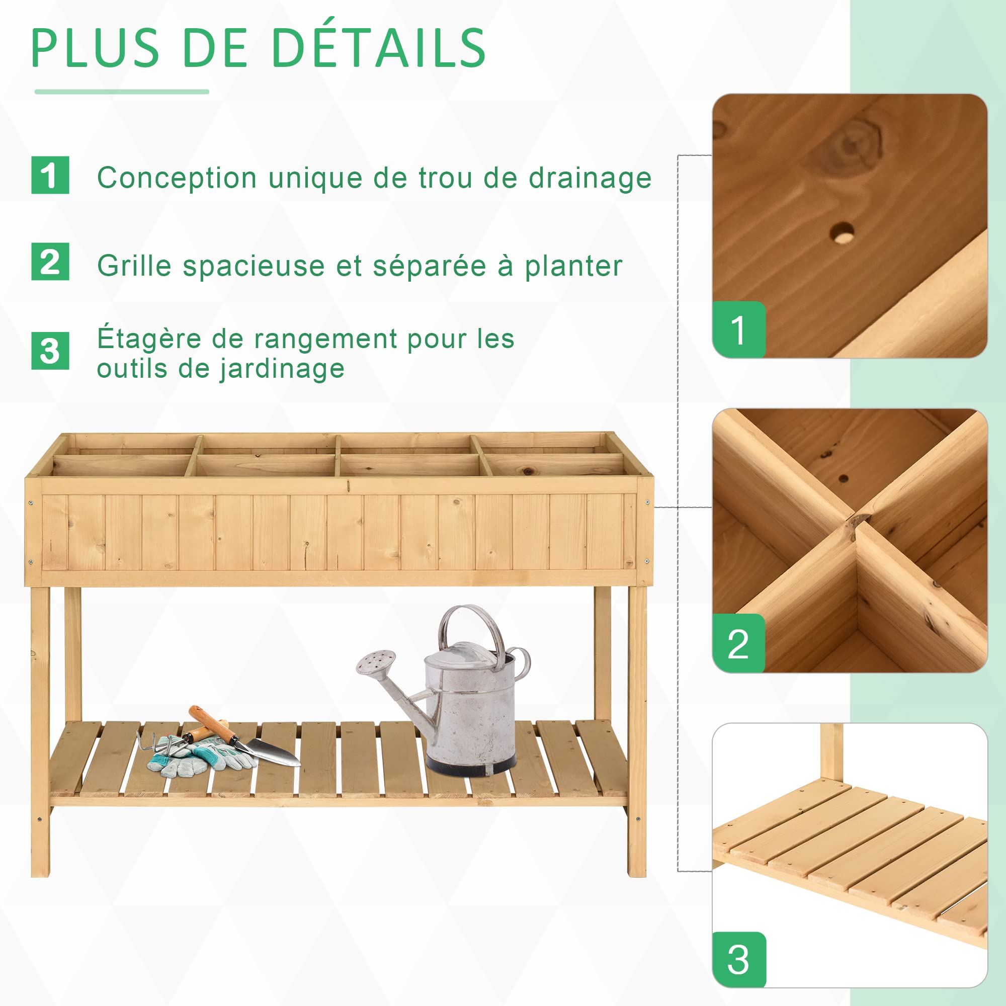 Outsunny Jardinière sur Pieds carré Potager avec étagère dim. 110L x 46l x 76H cm 8 Compartiments & Inserts d'irrigation Bois de Sapin