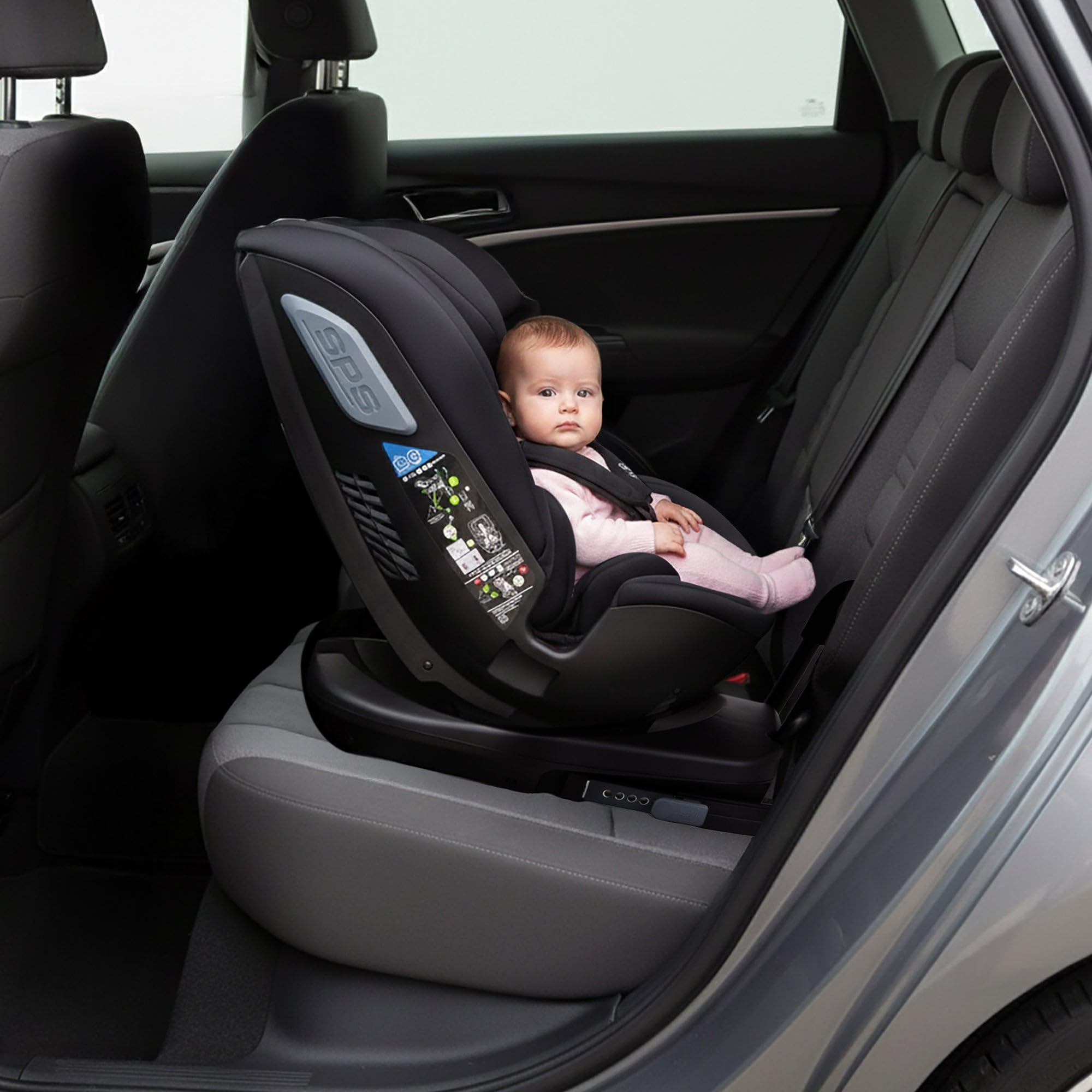 Silla de Coche i-Size 40-150 cm Grupo 0 1 2 3, ISOFIX + Top Tether, Giro 360°, Contramarcha hasta 105 cm, Reclinable – Asalvo Panafix Gris