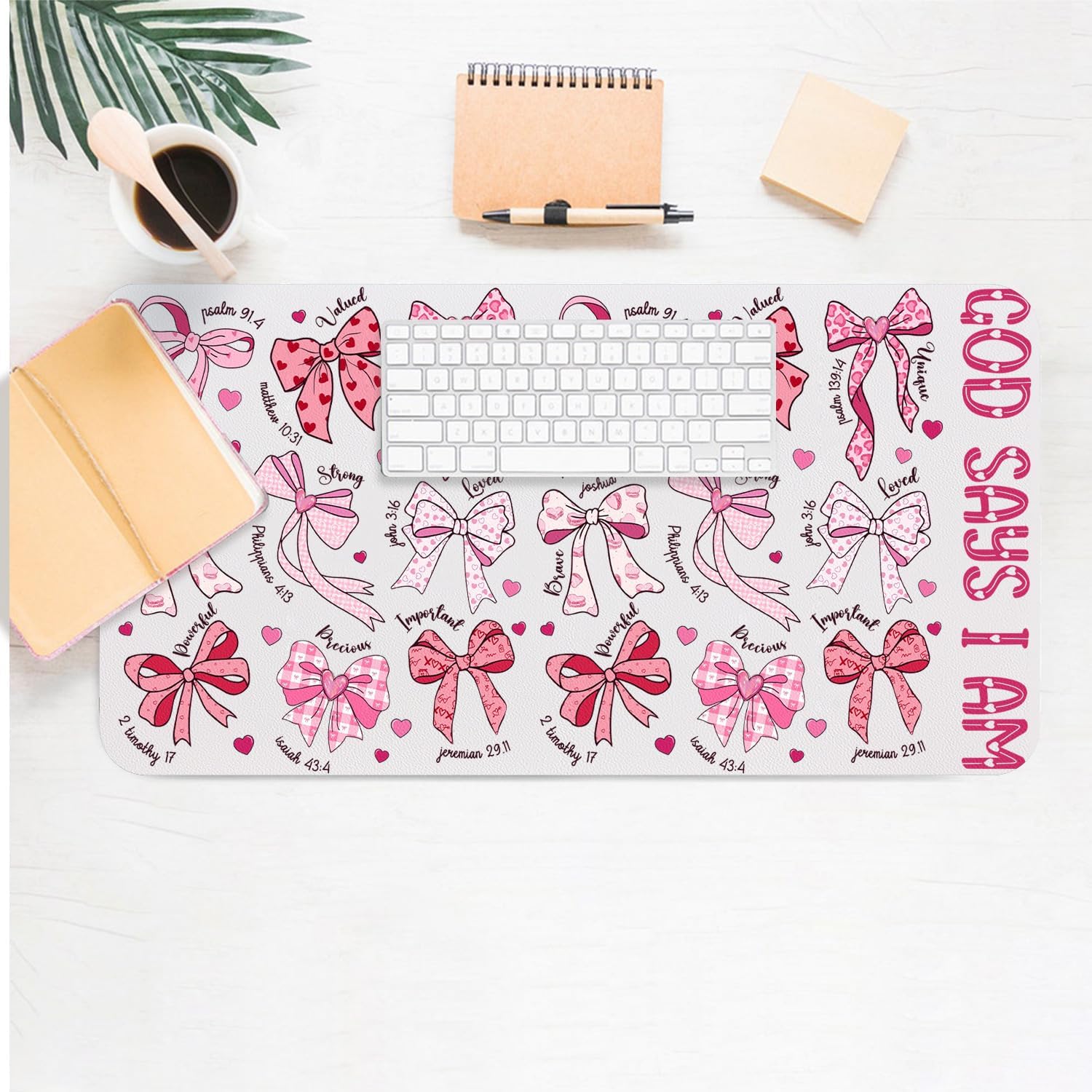 Pink Desk Mat, Cute Bow Large Mouse Pad for Desktop, PU Leather Waterproof Desk Pad, Anti-Slip Computer PC Laptop Protector Gaming Mouse Pads Christian Gifts for Women (31.5" x 15.7")