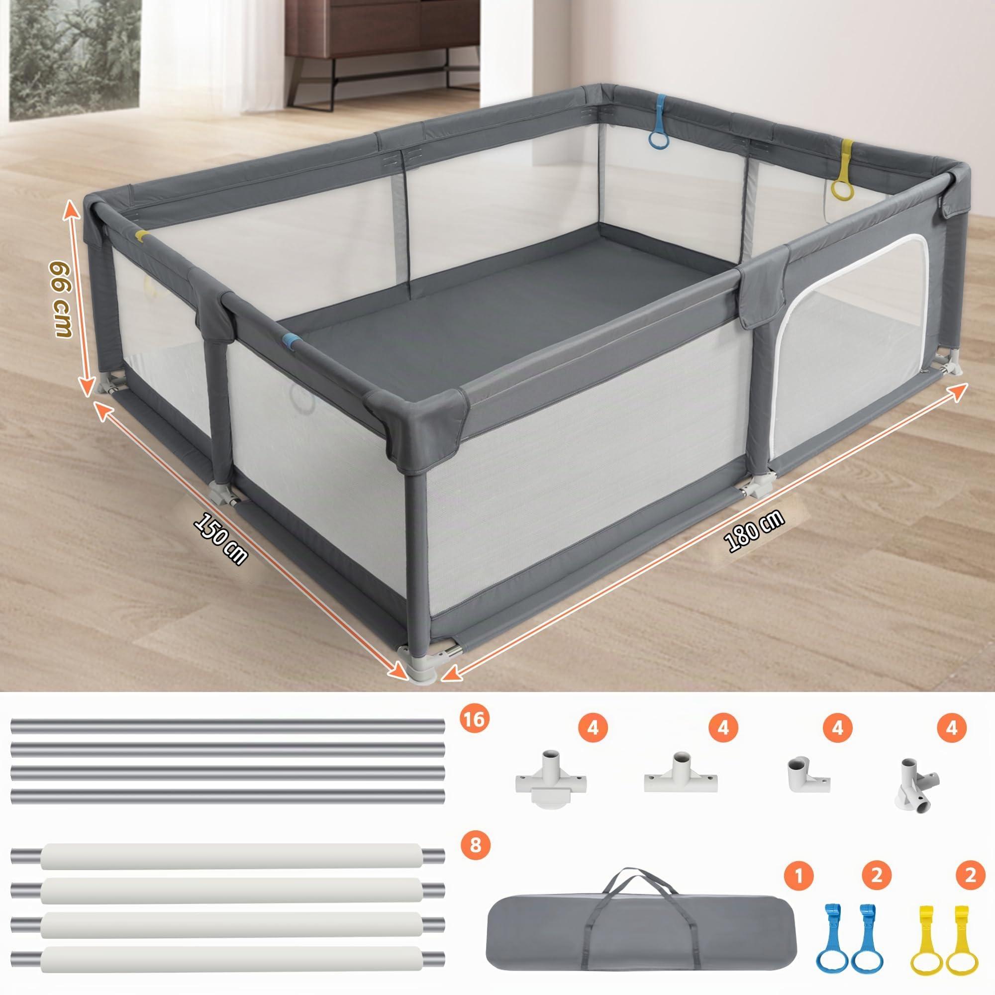 OUUTMEE Baby box 150×180 cm, parco familiare interno ed esterno, parco con base antiscivolo e porta con cerniera