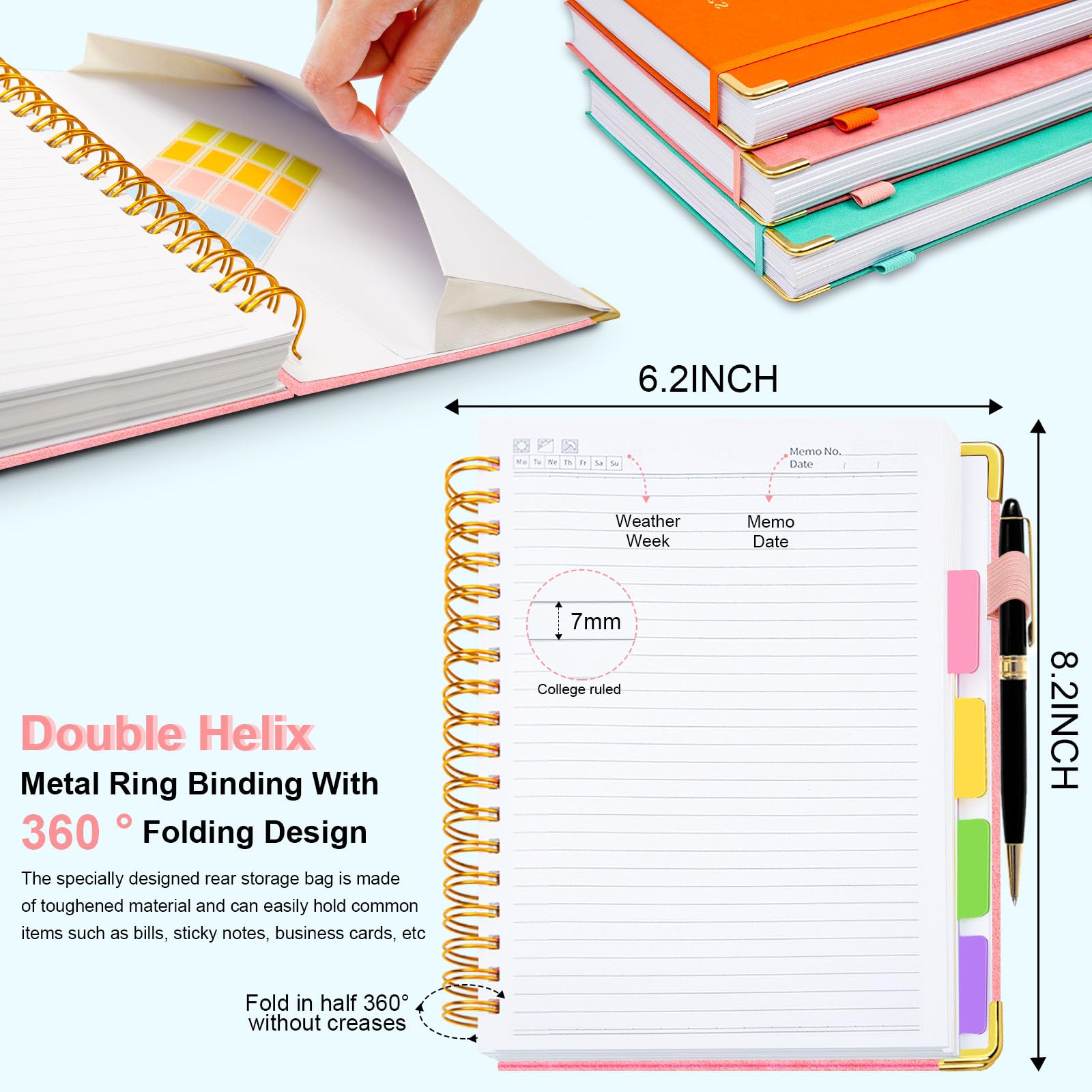 Taccuino a spirale con copertina rigida, 15,7 x 20,8 cm, con linguette e divisori rimovibili, 300 pagine, 5 soggetti, a righe, in ecopelle, per donne, scuola, lavoro (rosa)