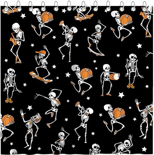 Miniatura 4 de Mocsicka Cortina de ducha de esqueleto de calavera de Halloween, diseño de calavera divertida de esqueleto bailando, cortina de ducha impermeable