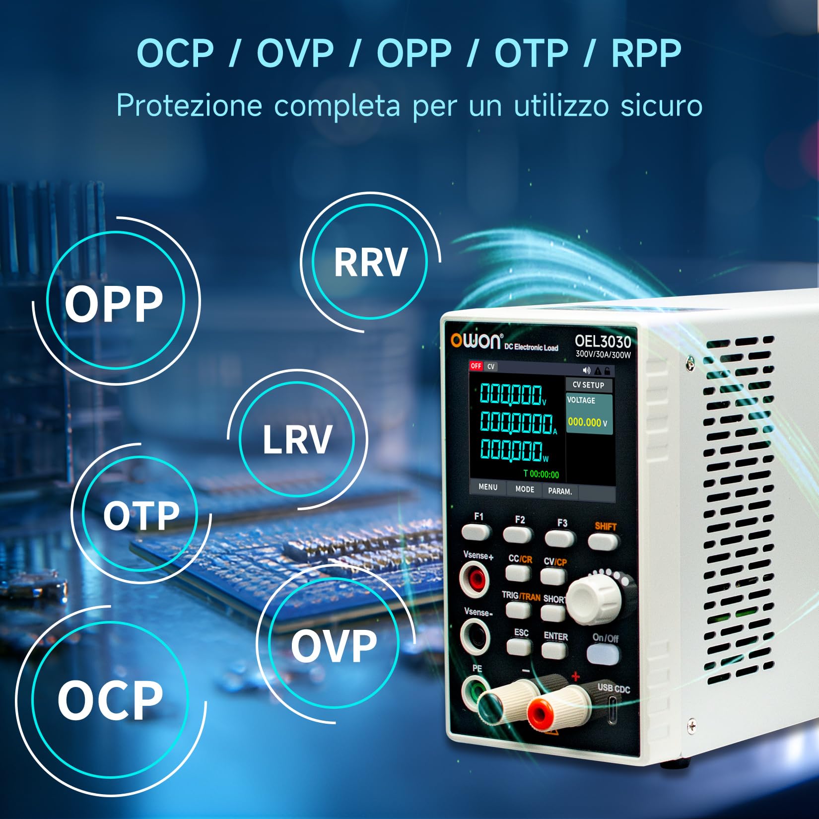 OWON OEL3030 Carico elettronico DC programmabile, 0–300V 0–30A 300W, dinamico 5 kHz, tasso di salita regolabile, USB RS232