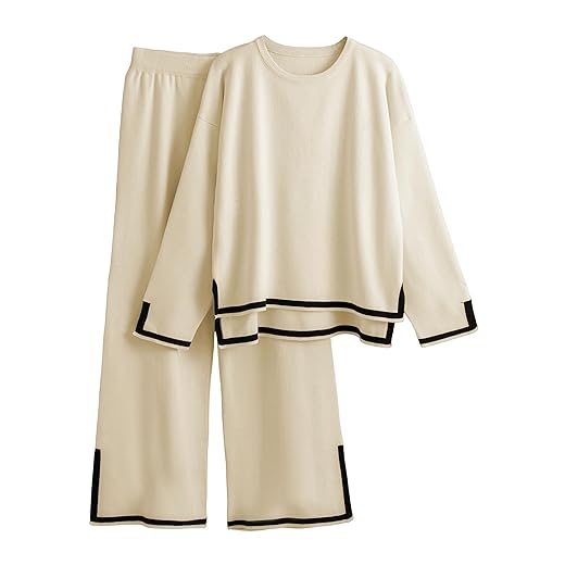 Tanming Women's 2 Piece Outfits Long Sleeve Knit Sweater Top Wide Leg Pants Lounge Sets Tracksuits (Apricot-S)