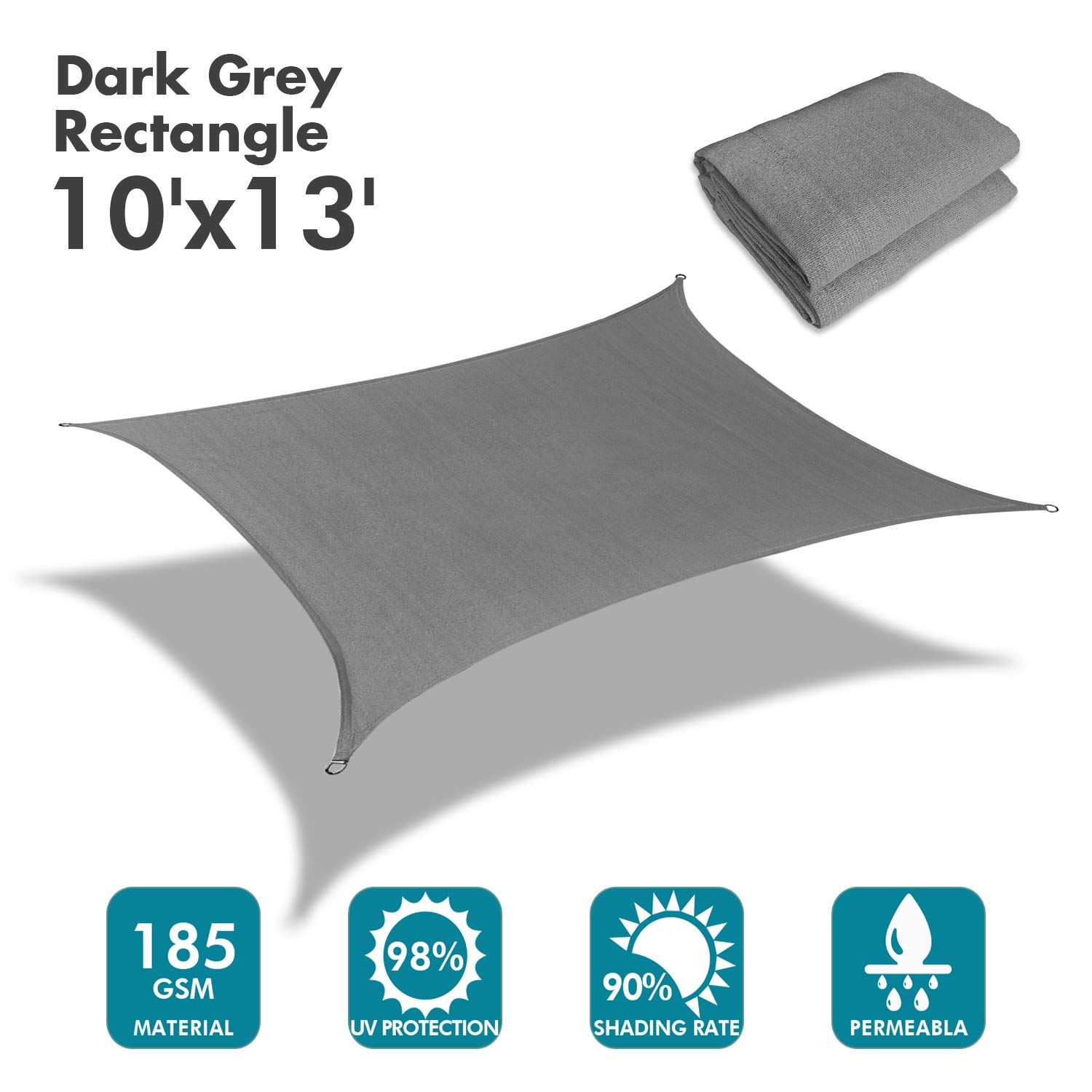 KANAGAWA Sun Shade Sail 10'x13' Dark Gray Rectangle UV Block Canopy Awning Shelter Fabric Cloth Screen for Outdoor Patio Garden Backyard Activities