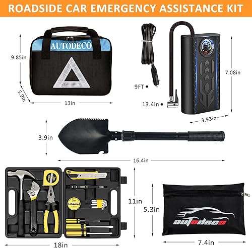 Miniatura 4 de AUTODECO Kit de asistencia de emergencia para automóvil de carretera de 105 piezas con cables de puente de compresor de aire portátil