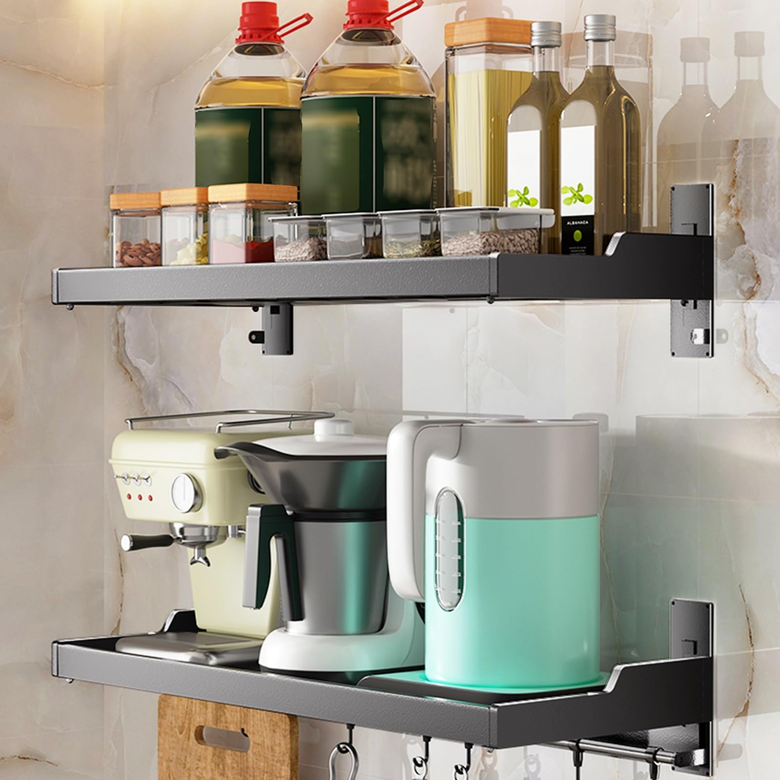 HJXGQJM Soportes para Armario De Cocina De Pared, Soporte para Frascos De Especias para Horno Microondas, con 6 Ganchos, Estante para Guardar Vajilla De Cocina Estante de Microondas(35x70cm)