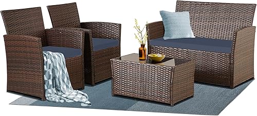 Miniatura 7 de Juego de muebles de patio de 4 piezas, juego de conversación de mimbre para exteriores, sofá modular de ratán con mesa de centro de cristal y cojín