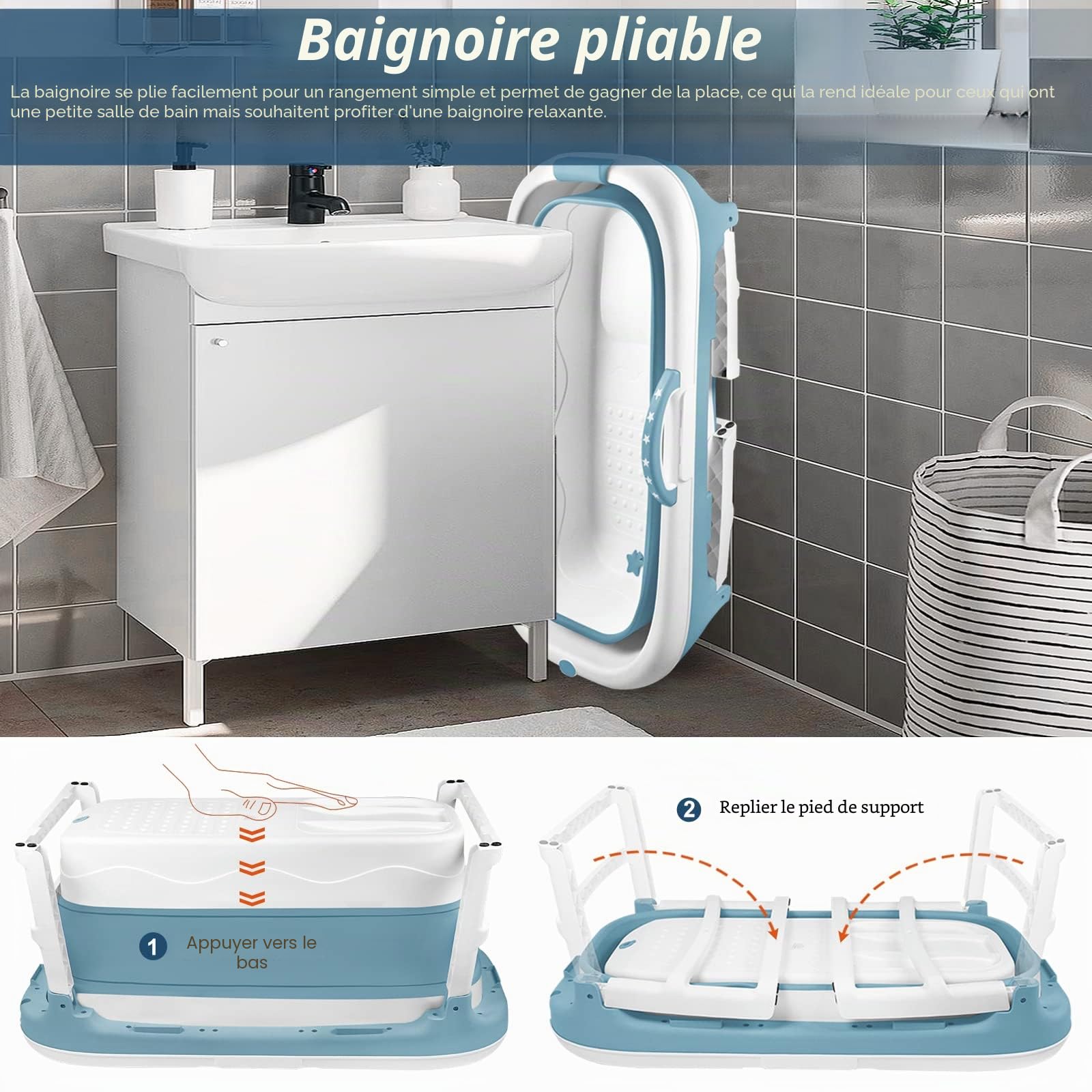LARS360 Baignoire pliante pour adulte - Baignoire de voyage pliante avec couvercle amovible - Porte-savon, rouleaux de massage, baignoire mobile pour petite salle de bains (118 x 62 x 53 cm)