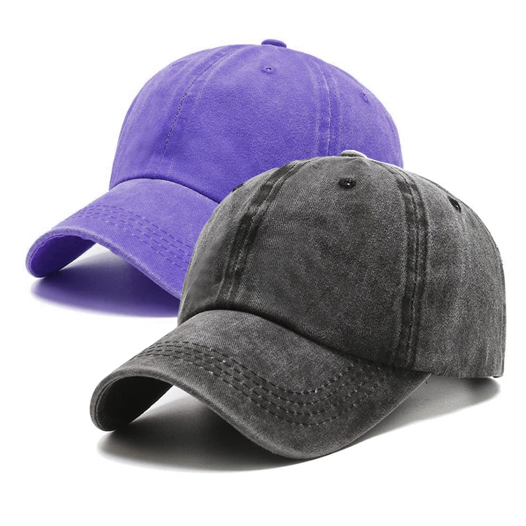 PFFY 2 Packs Vintage Washed Distressed Baseball Cap Dad Golf Hat for Men Women, Black+Purple, One Size