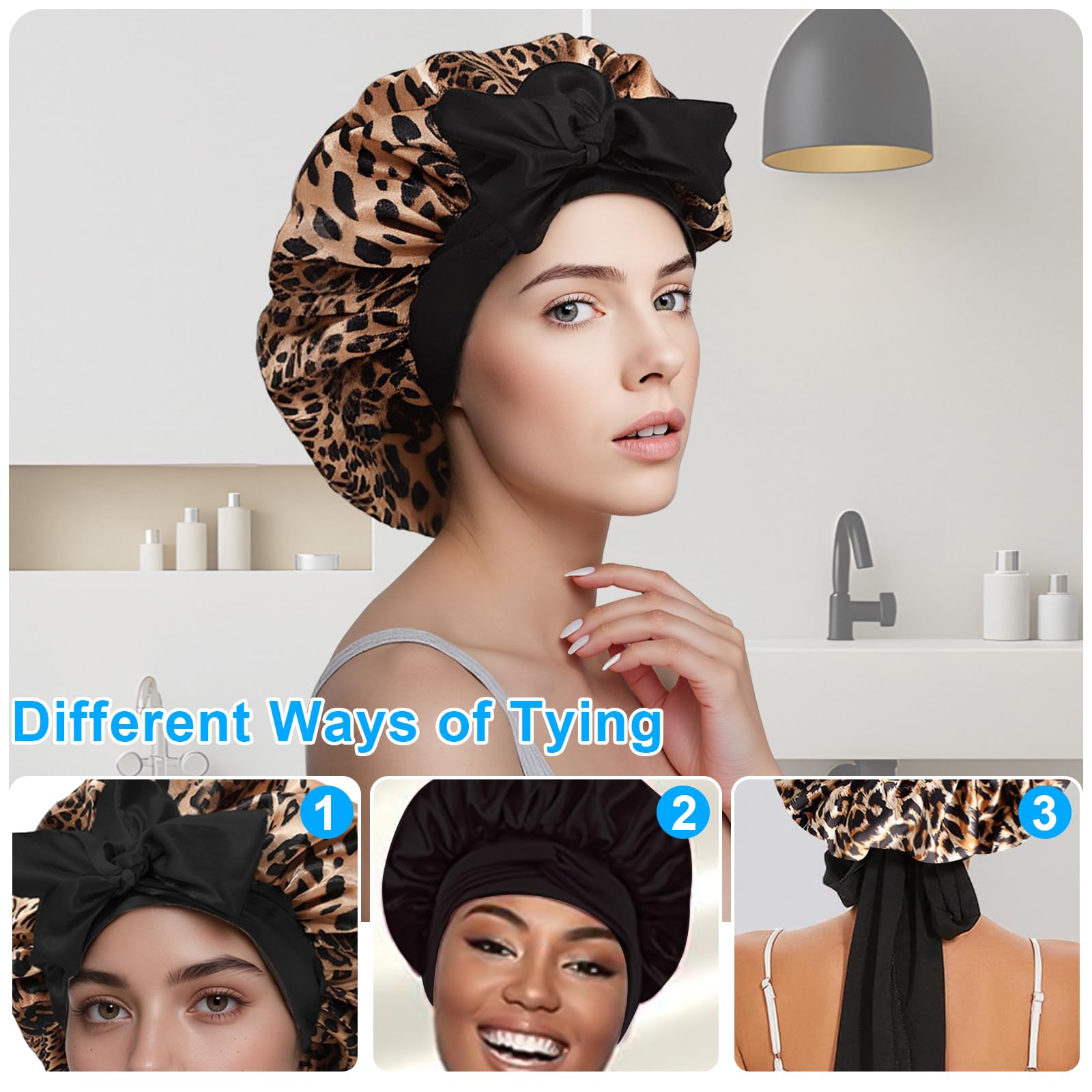 CZXCV Silk Hair Bonnet for Sleeping Silk Hair Wrap Curly Hair Stain Sleep Cap for Women Leopard - Image 4