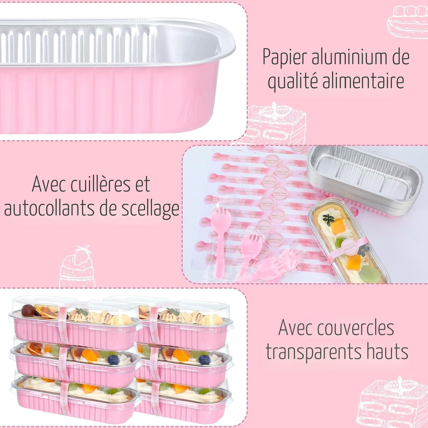 KAHEIGN 50 Pièces Mini Moules à Pain avec Couvercles et Cuillères, 200ml Plat de Cuisson Rectangulaires en Papier D'aluminium avec Autocollant pour Pain Gâteau Pique-Nique Fête (Argent Rose)