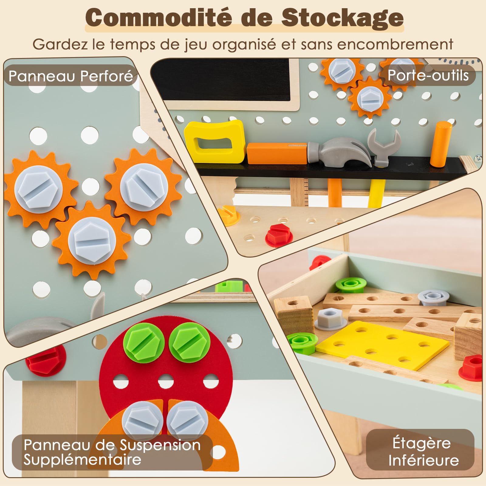 COSTWAY Établi d'Outils en Bois Enfant avec Tableau Noir & Marteau & Scie, Jouet Bricolage Enfant avec 33 Accessoires & Horloge, Étagère Inférieure, Jeu d'Imitation pour 3+ Ans