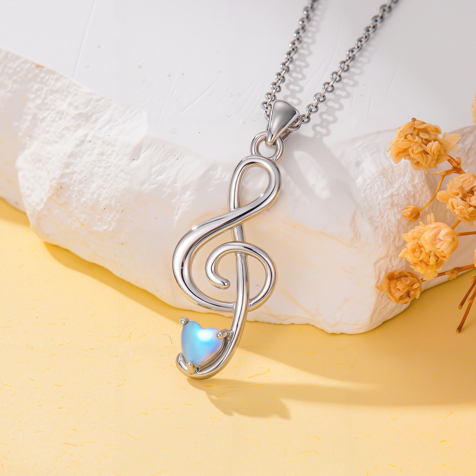 Collana da donna con note musicali, in argento Sterling 925, con ciondolo a forma di cuore, pietra di luna, per gli amanti della musica, catenina regolabile da 45 + 5 cm, idea regalo