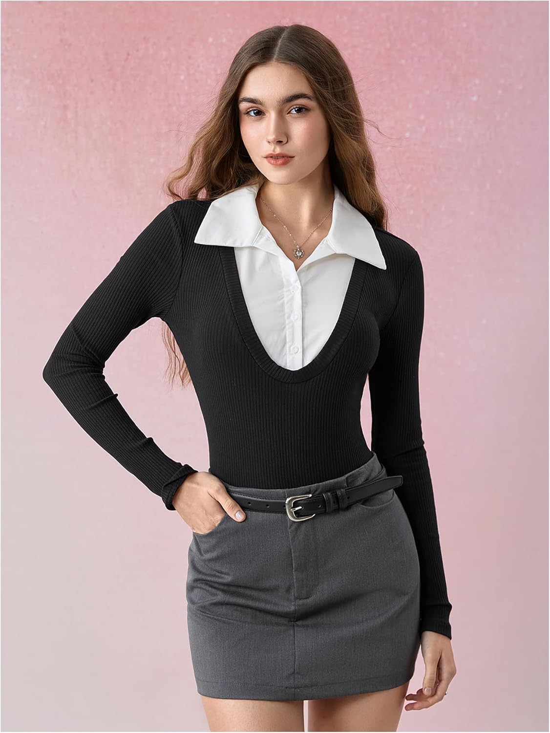 MakeMeChic Women's 2 in 1 Colorblock Collared Long Sleeve Button Front Knitted Leotard Bodysuit Tops - Image 4