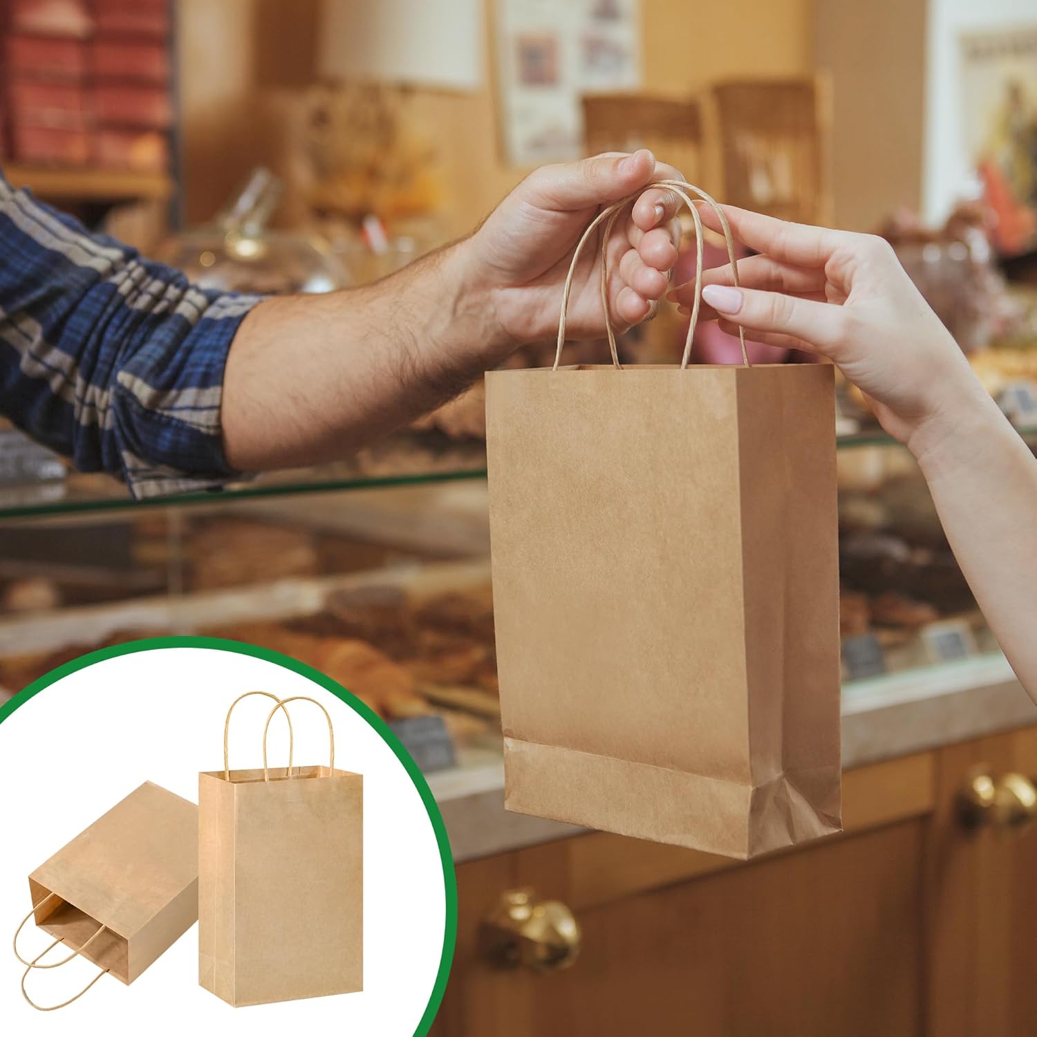 100 Pack Paper Gift Bags with Handles – Small Brown Recyclable Shopping Bags 5.5x3.15x7.87 inch – Heavy Duty 5lbs Capacity for Parties, Retail, Weddings, Baby Showers, Birthdays, Small Business Packaging (Brown) - Image 7