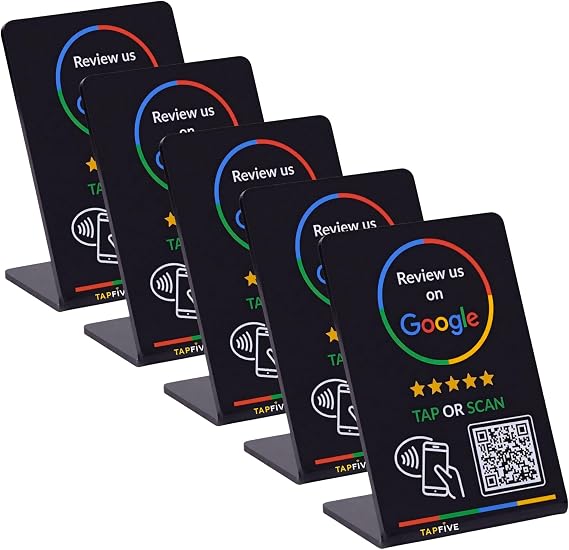 Google Review Stand by TapFive - NFC Tap & QR Code Sign for Restaurants, Salons, Retail & Front Desks - QR Code Stand - Tap to Review | No Monthly Fees (Black, 5 Stands)