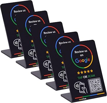 Google Review Stand NFC Tap & QR Code Sign for Restaurants, Salons, Retail & Front Desks - QR Code Stand - Tap to Review | No Monthly Fees Black, 5 Stands