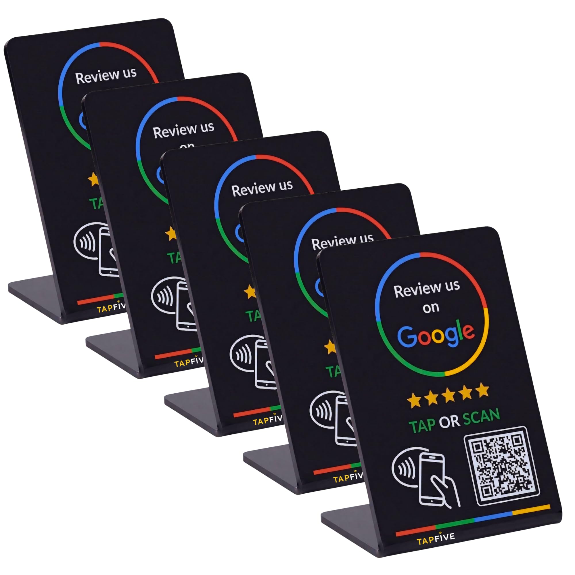 Google Review Stand by TapFive - NFC Tap &amp; QR Code Sign for Restaurants, Salons, Retail &amp; Front Desks - QR Code Stand - Tap to Review | No Monthly Fees (Black, 5 Stands)