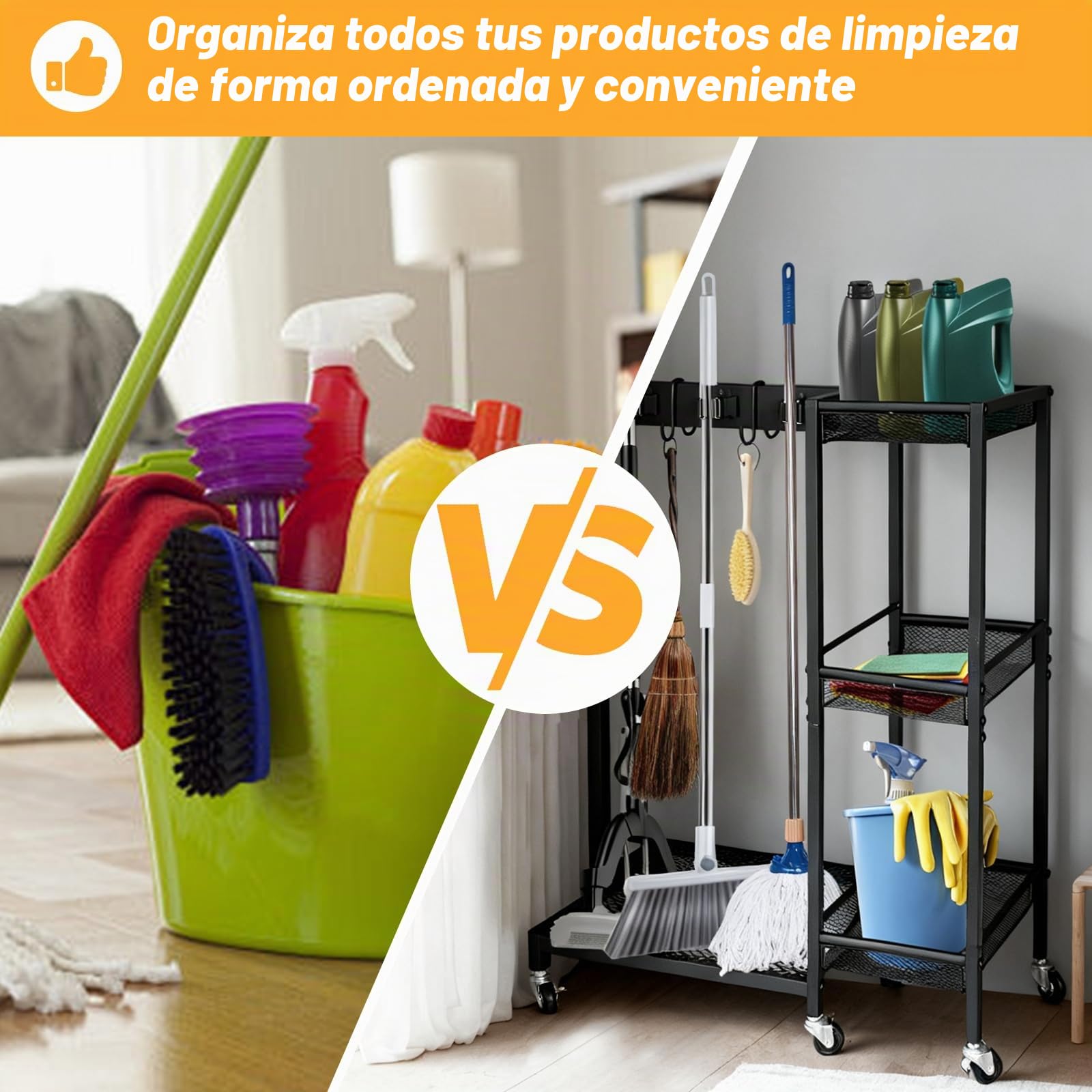 Carro de Limpieza 3 Estantes, Soporte para Escobas y Organizador Móvil con 6 Ruedas, para Hogar, Hotel, Escuela (Carga 50kg)
