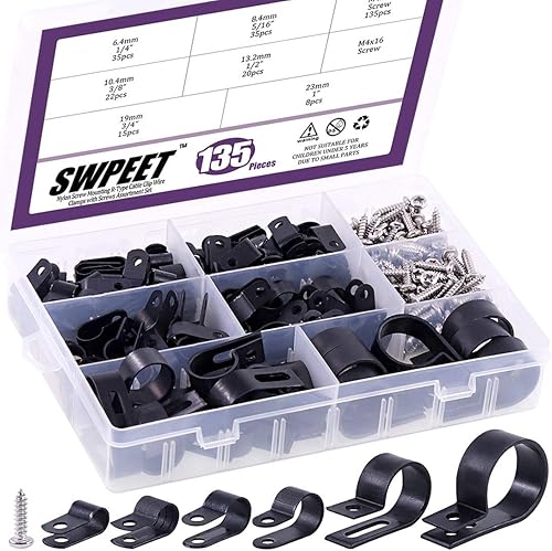 Swpeet Paquete de 135 clips de cable tipo R de nailon negro de 6 tamaños, 14 pulgadas, 516 pulgadas, 38 pulgadas, 12 pulgadas, 34 pulgadas, 1 disponible en Yaxa Colombia