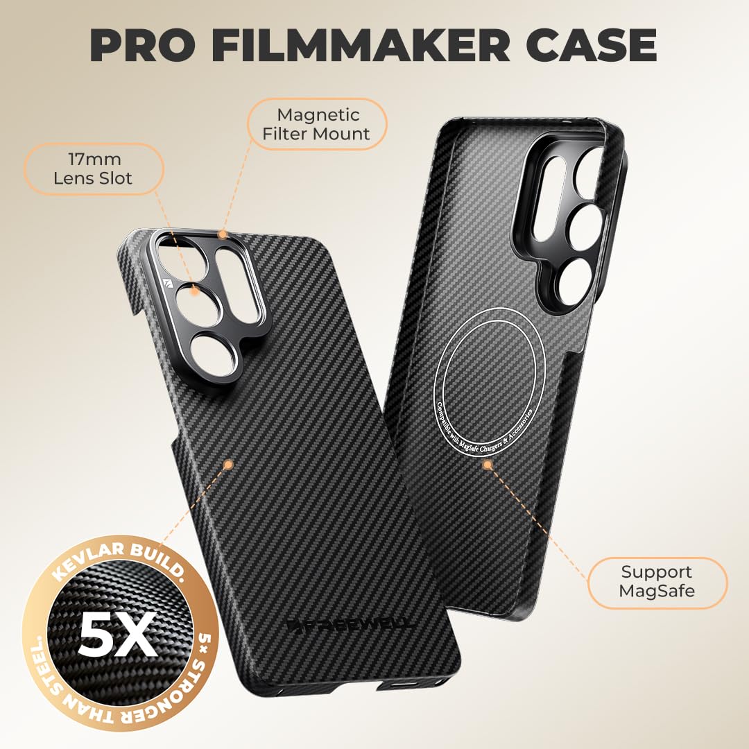 FREEWELL Pro Filmmaker Custodia per Samsung S26 Ultra | Filtro magnetico e obiettivo 17 mm, Kevlar Armor 5 × Più Forte dell'Acciaio, Nero