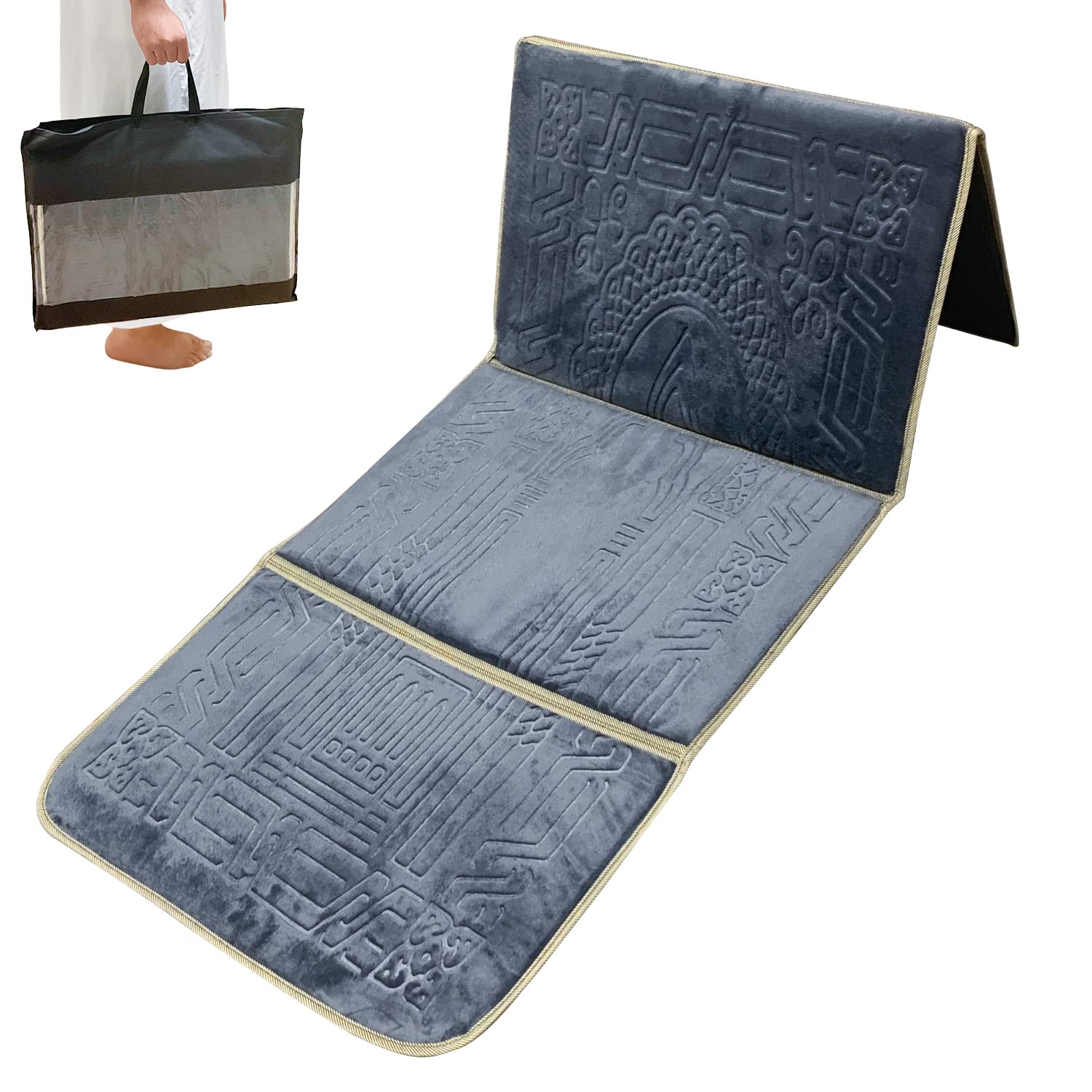 Sultan Islamic Foldable Fleece Prayer Rug with Back Rest - Folding Prayer Rug Thick & Wide Soft Praying Carpet for Men & Women - Large Prayer Mat -Eid & Ramadan Gift (Gray)