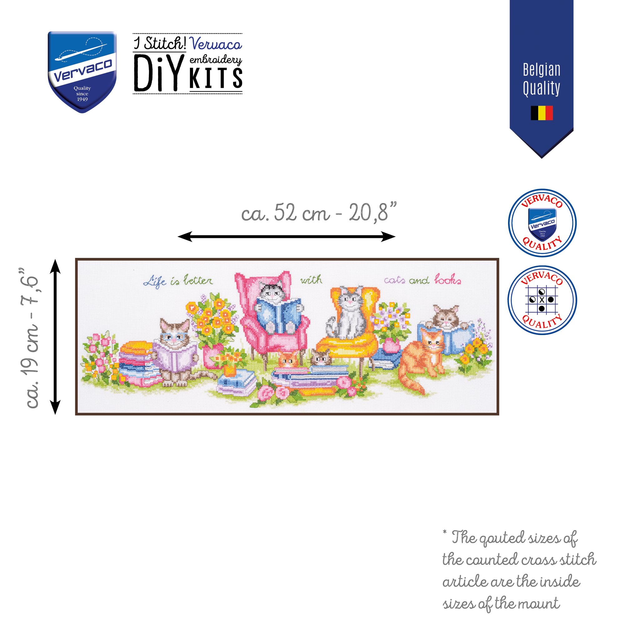VERVACO Haft Krzyżykowy Liczony Zestaw Obraz do Haftu KOCIĘTA I KSIĄŻKI Zrób to Sam Zestaw Kreatywny dla Dorosłych 52 x 19 cm Dekoracja Ścienna DIY Cross Stitch Kit