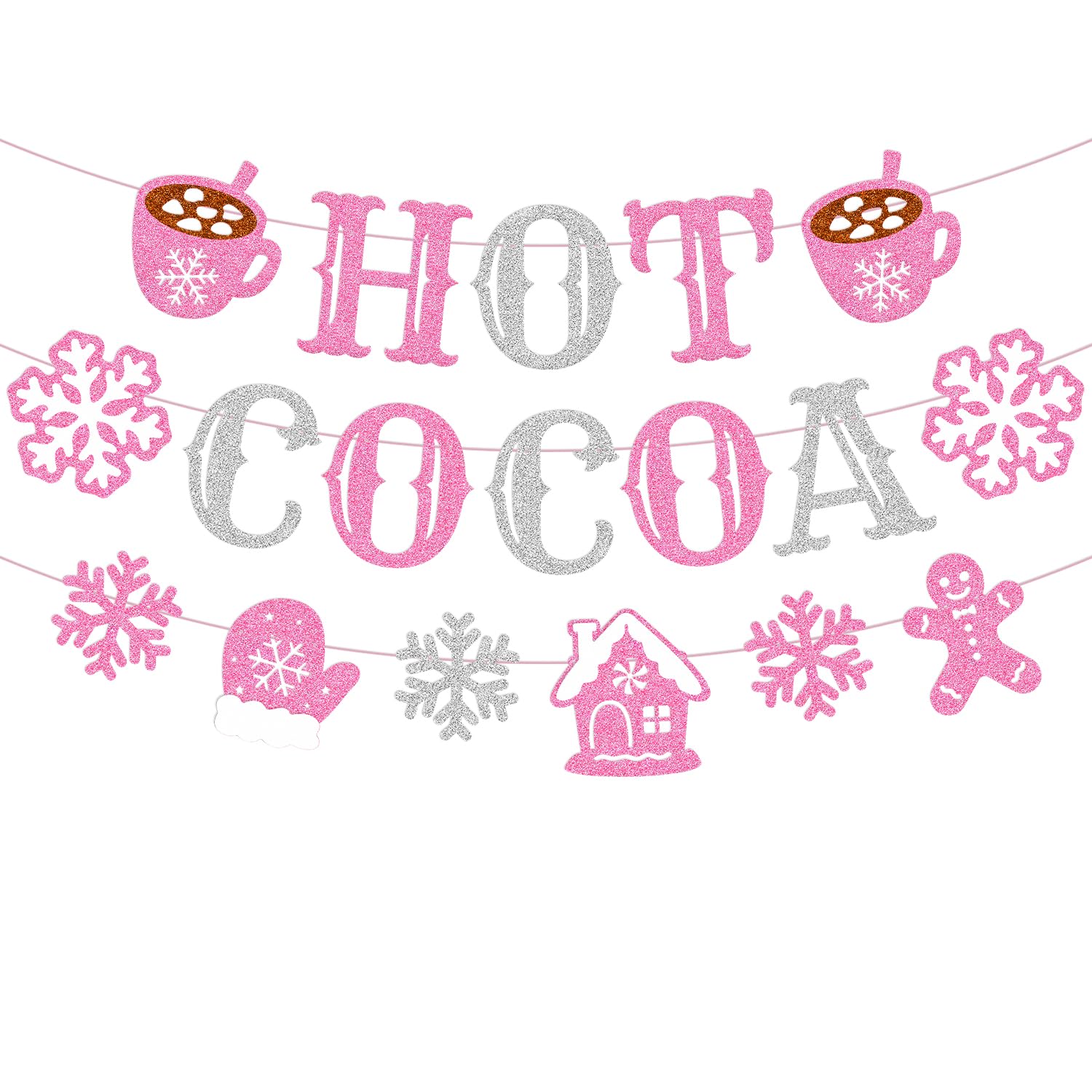 Hot Cocoa Banner Merry Christmas Party Decorations Hot Chocolate Bar Gingerbread Man Snowflake Christmas House Cocoa Cup Gloves Sign for Wintertime