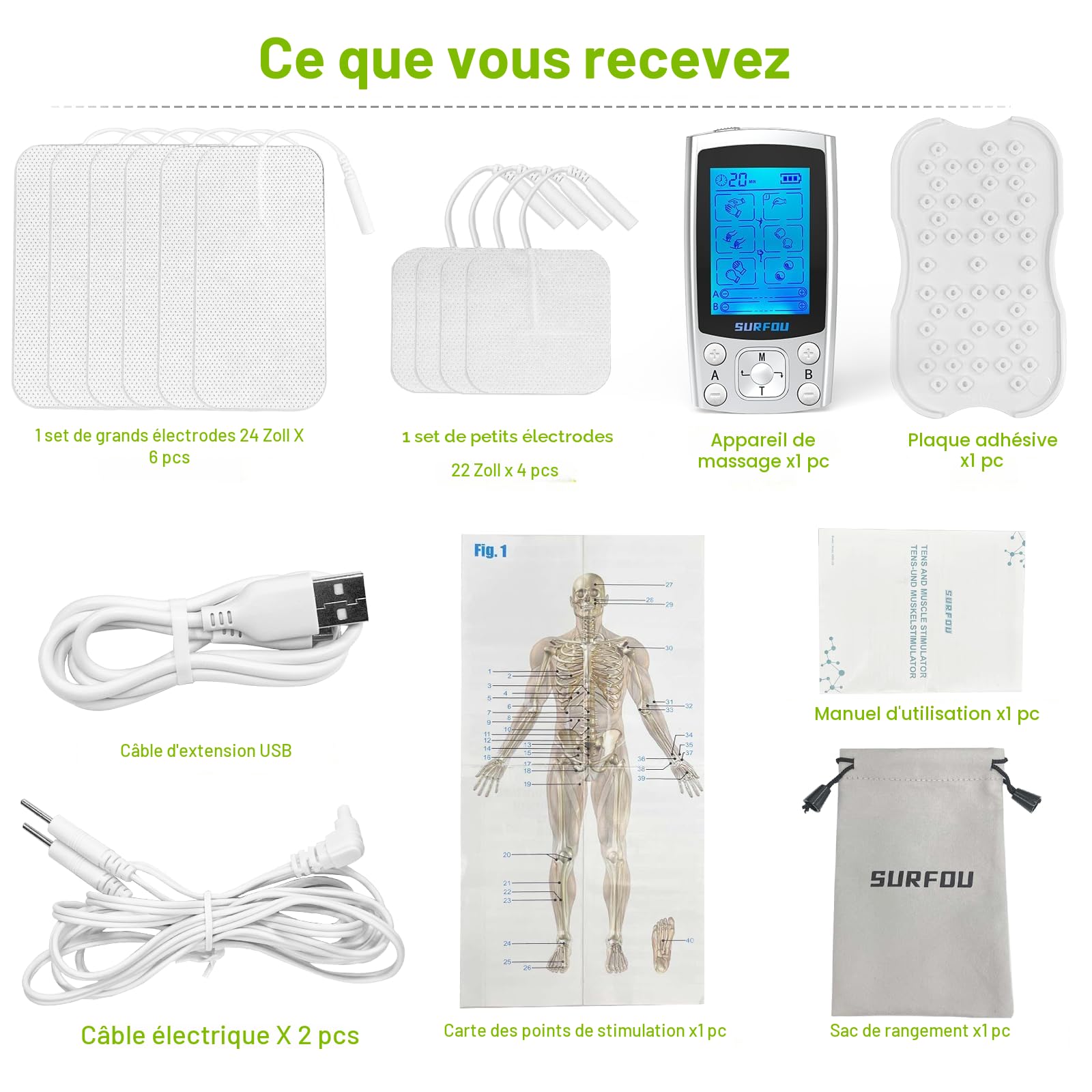 SURFOU 3 EN 1 Electrostimulateur Musculaire, Double Canal TENS/EMS Stimulateur Musculaire, 24 Programmes, Pour Soulager la Douleur, Massage, Thermothérapie